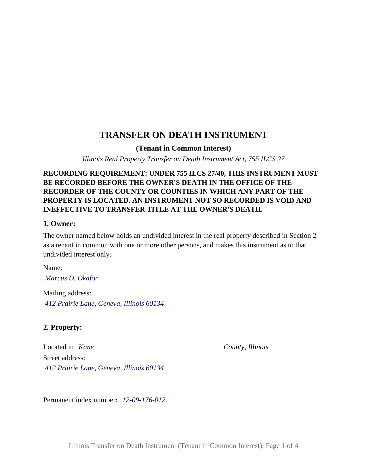 Mercer County Completed Example of the Transfer on Death Instrument (Tenant in Common Interest) Document