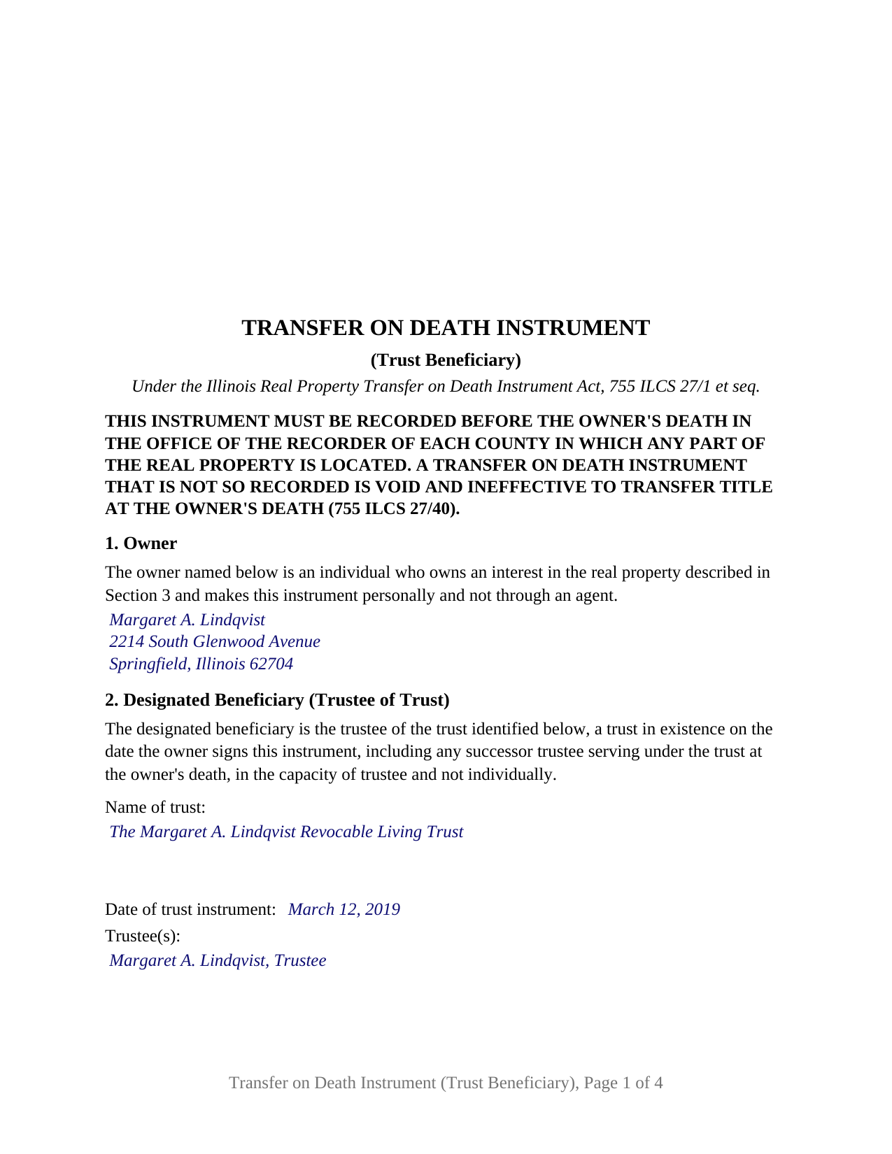Grundy County Completed Example of the Transfer on Death Instrument (Trust Beneficiary) Document