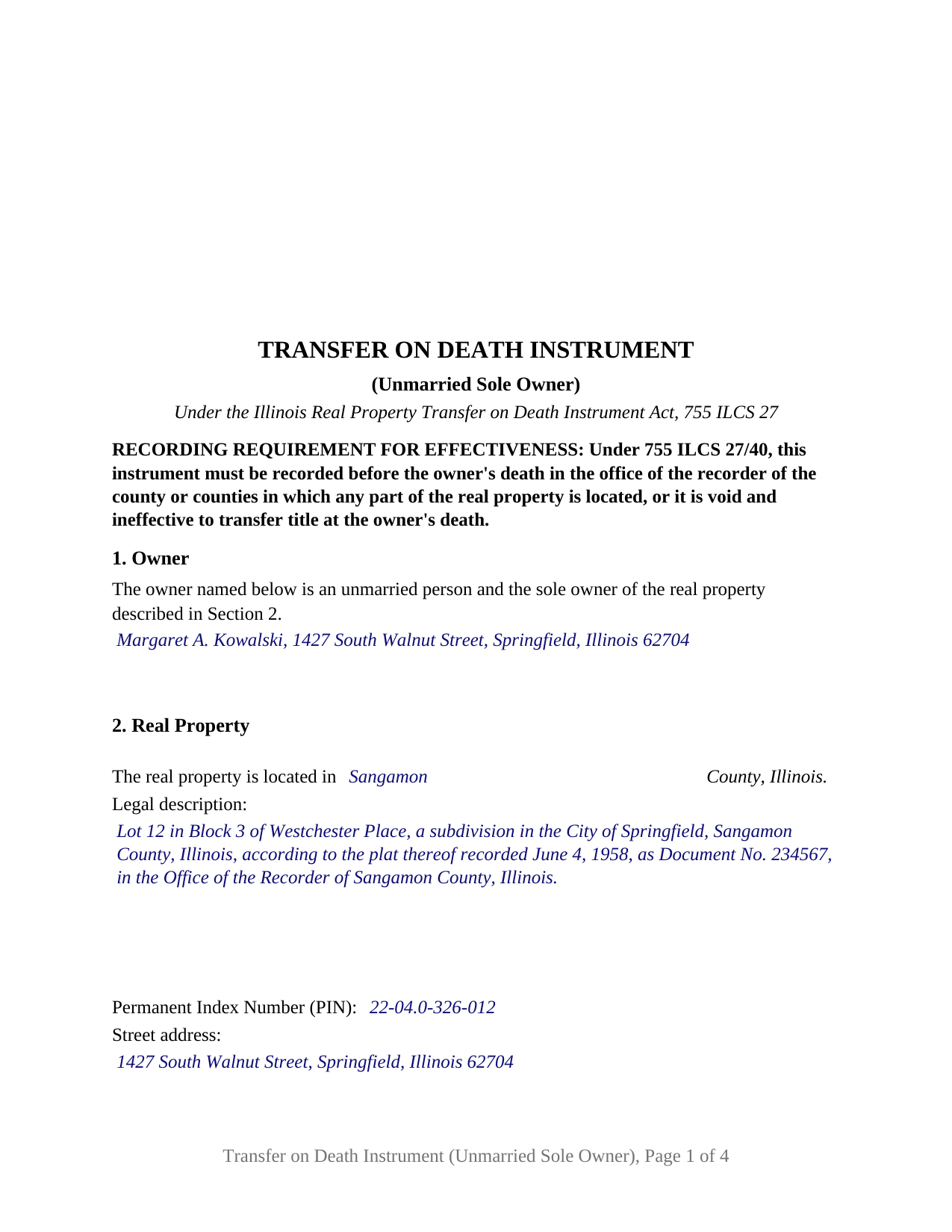 Christian County Completed Example of the Transfer on Death Instrument (Unmarried Sole Owner) Document