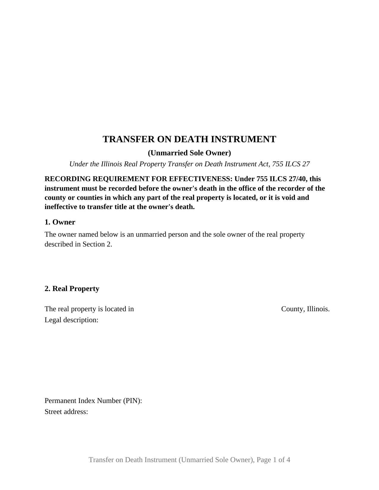 Christian County Transfer on Death Instrument (Unmarried Sole Owner) Form
