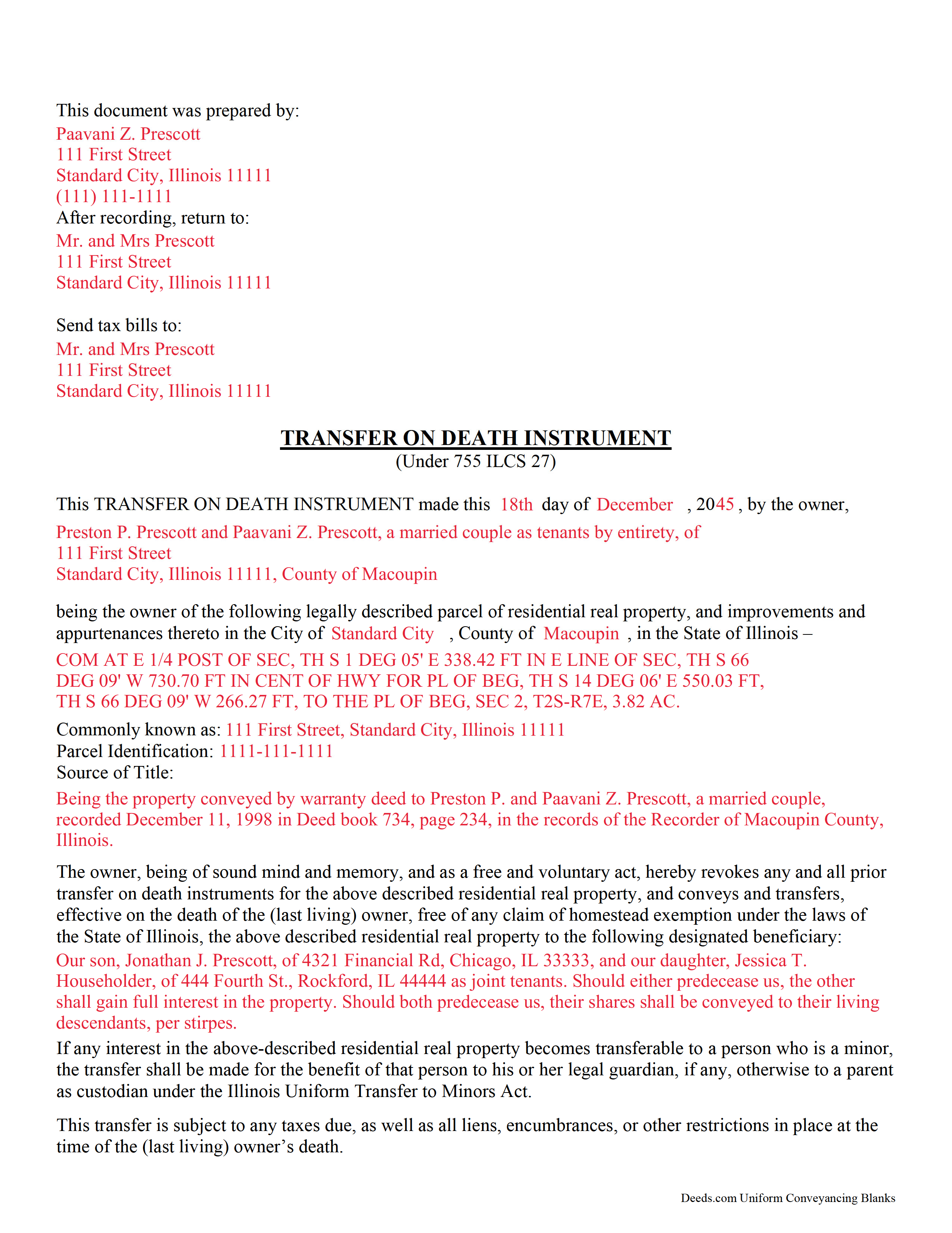 Wabash County Completed Example of the Transfer on Death Instrument Document