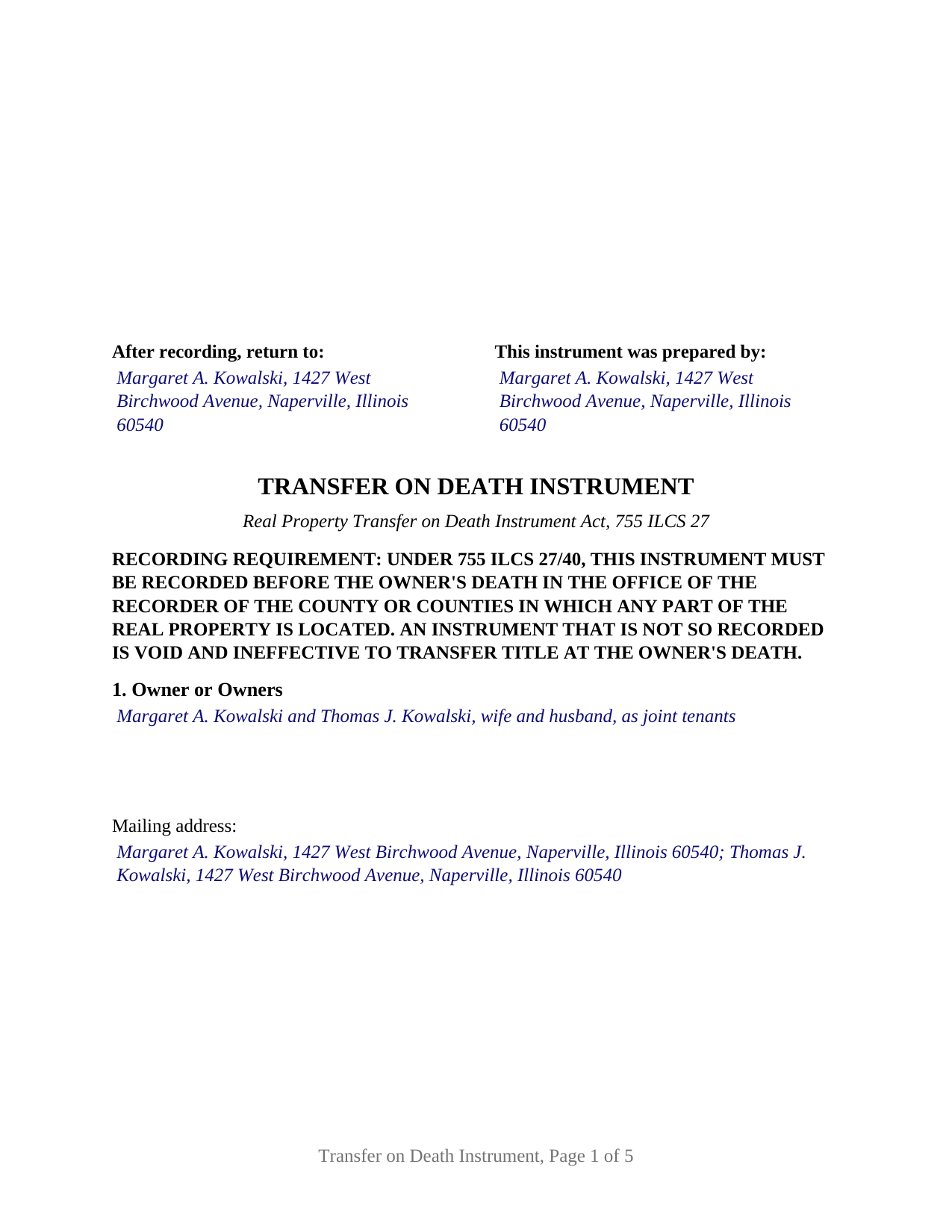 Ford County Completed Example of the Transfer on Death Instrument Document