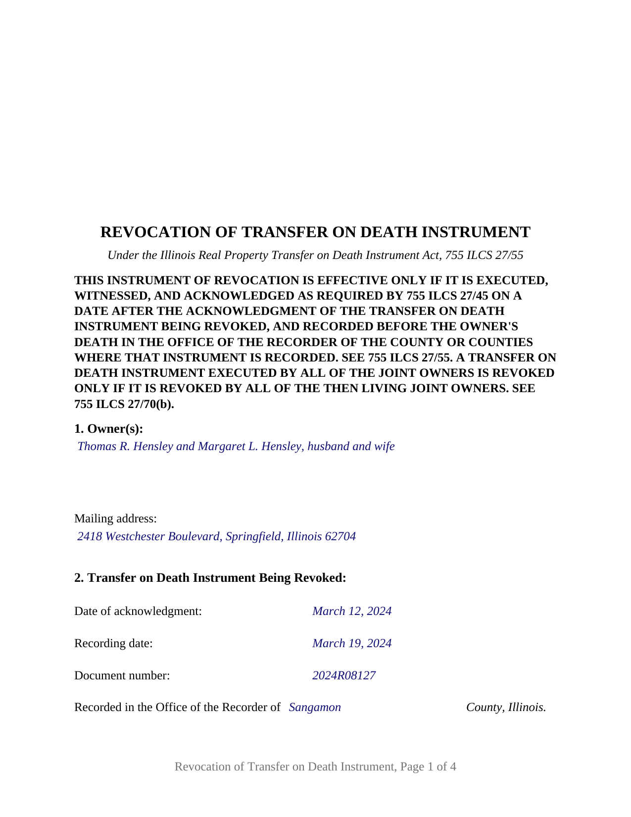 Menard County Completed Example of the Transfer on Death Revocation Document