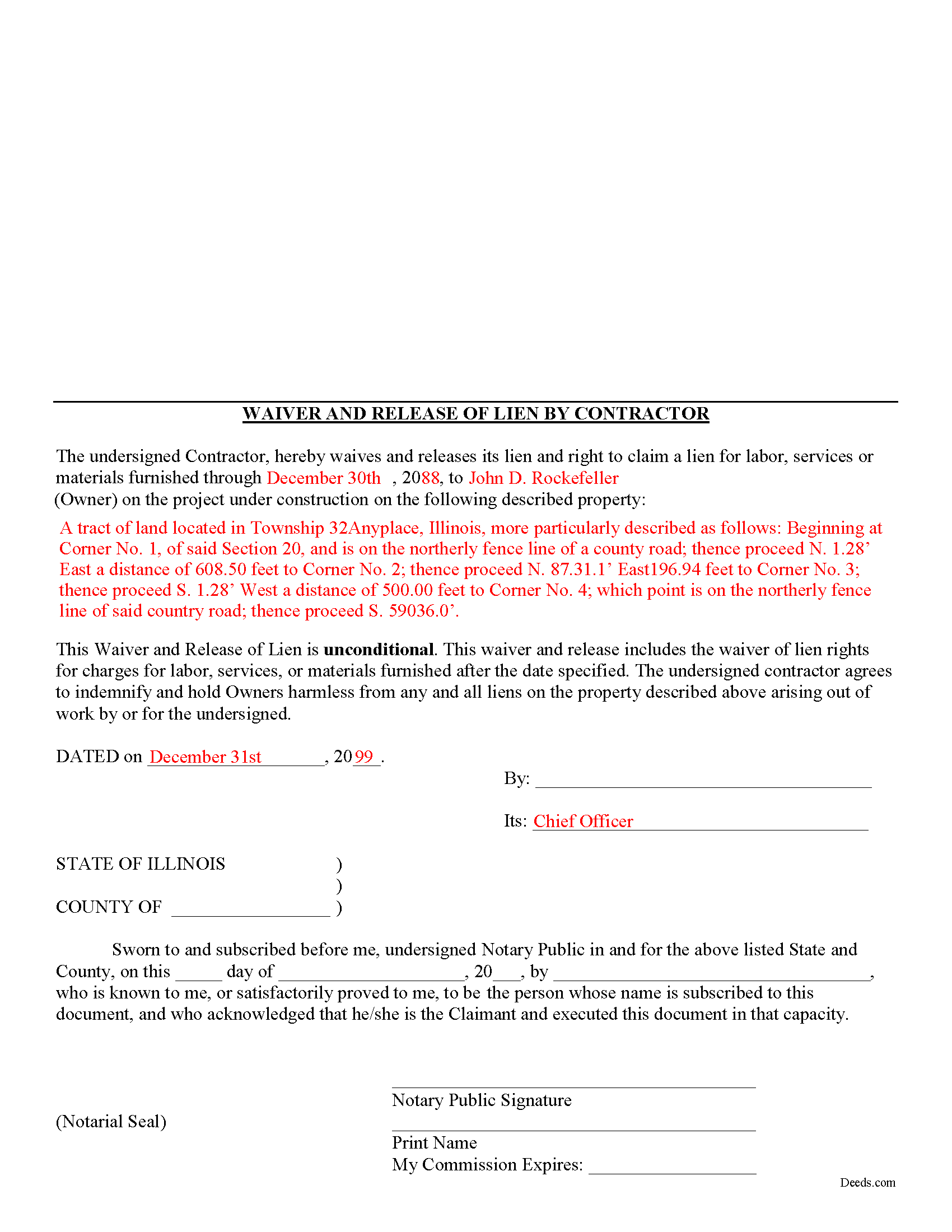 Completed Example of the Unconditional Waiver and Release of Mechanic Lien Document