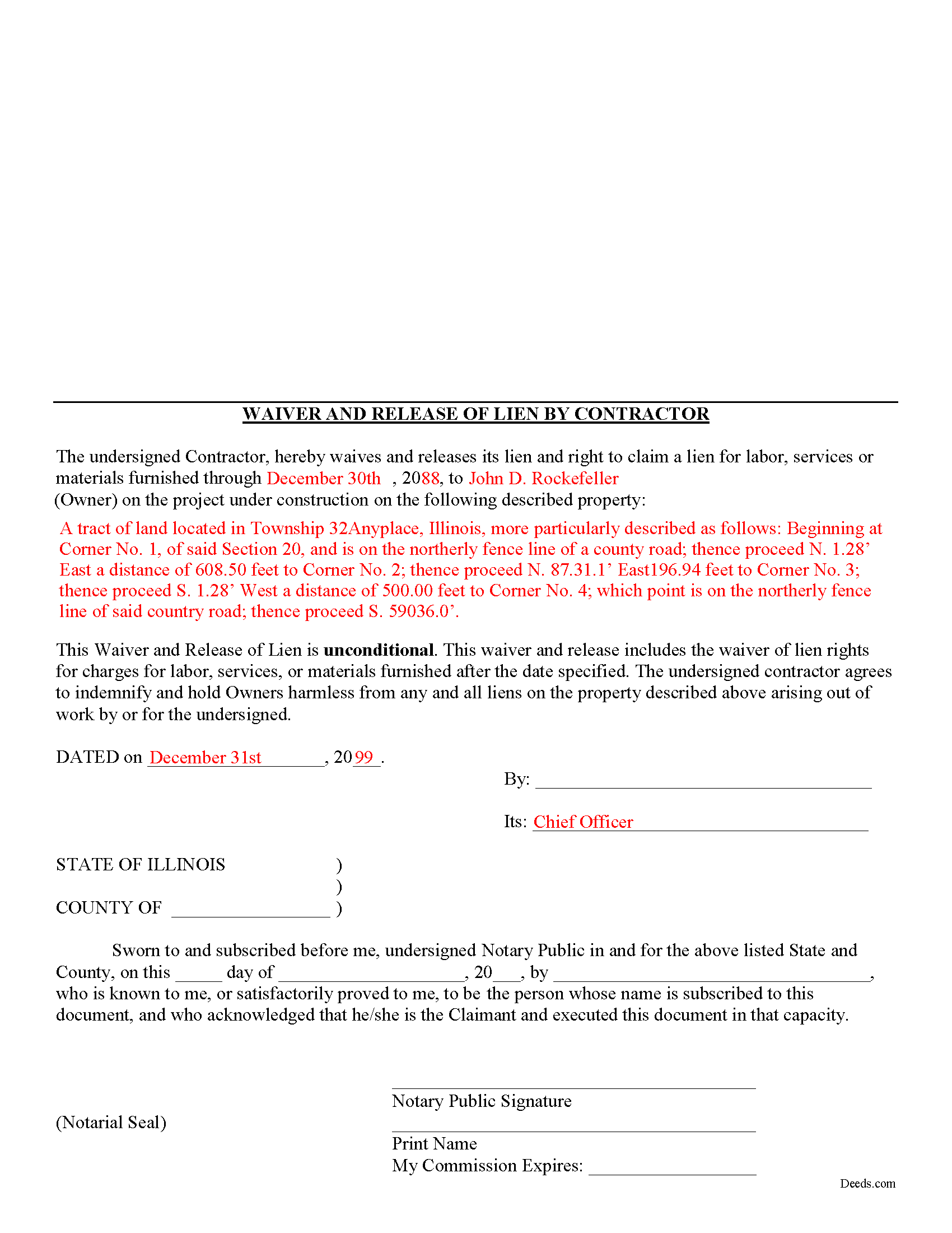 Cumberland County Completed Example of the Unconditional Waiver and Release of Mechanic Lien Document