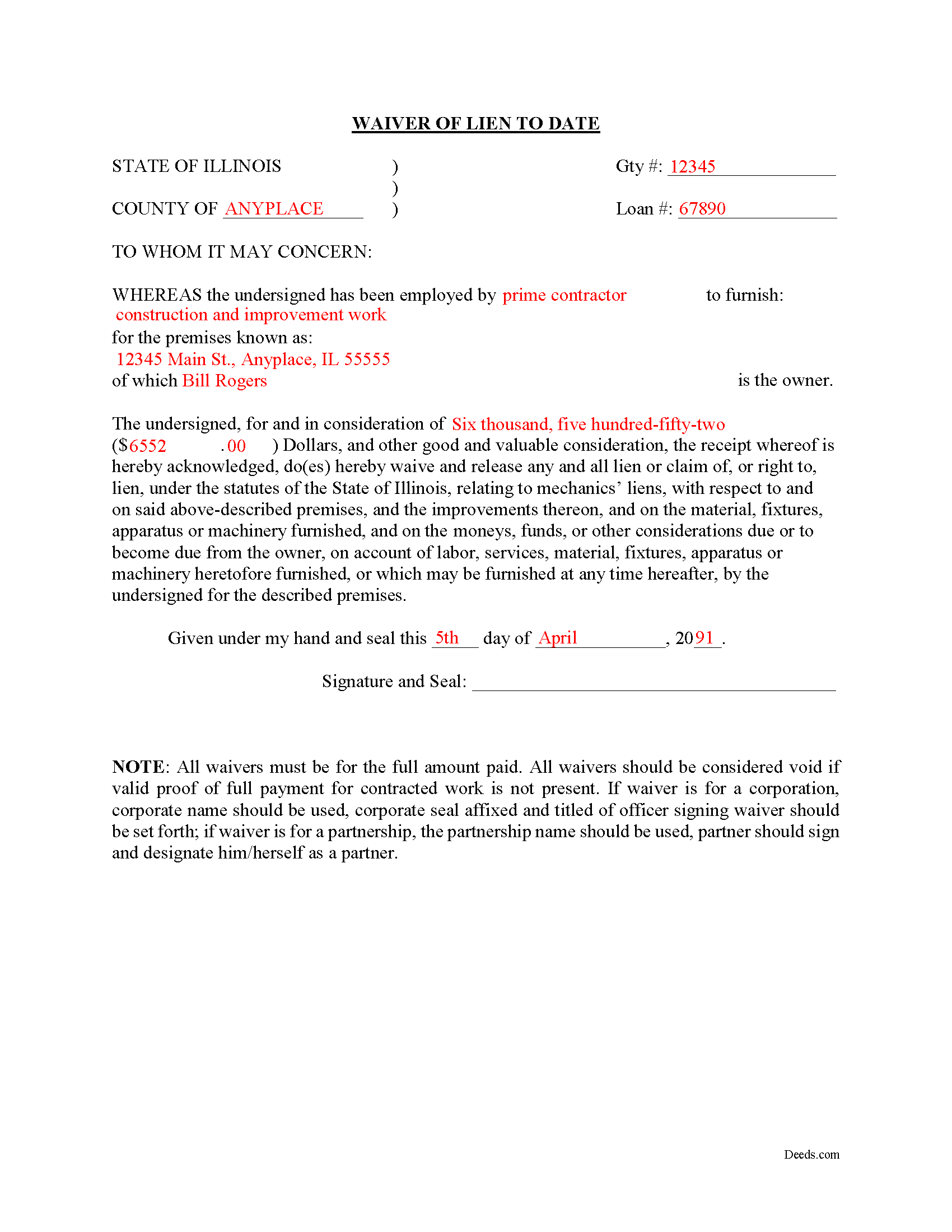 Completed Example of the Waiver of Lien to Date Document