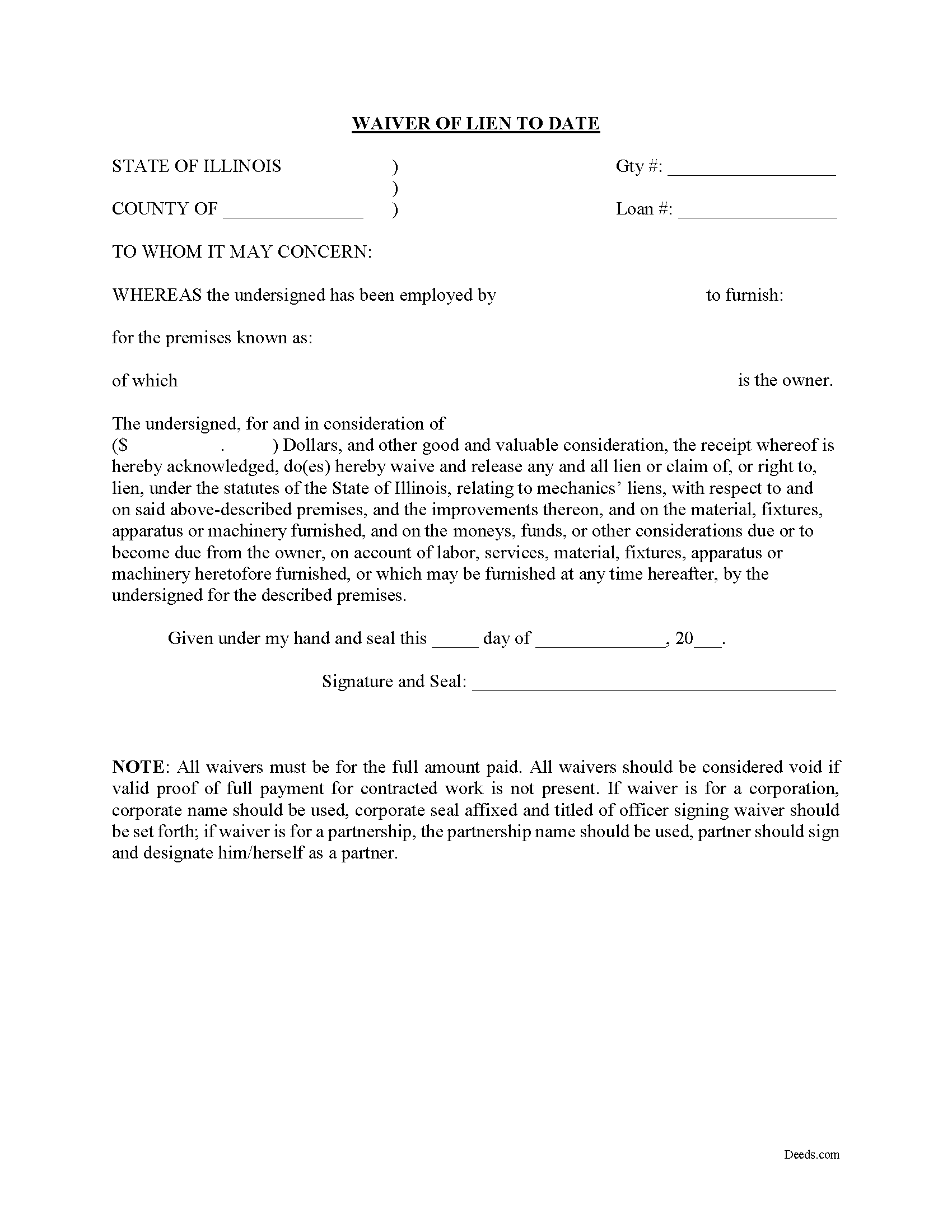 Carroll County Waiver of Lien to Date Form