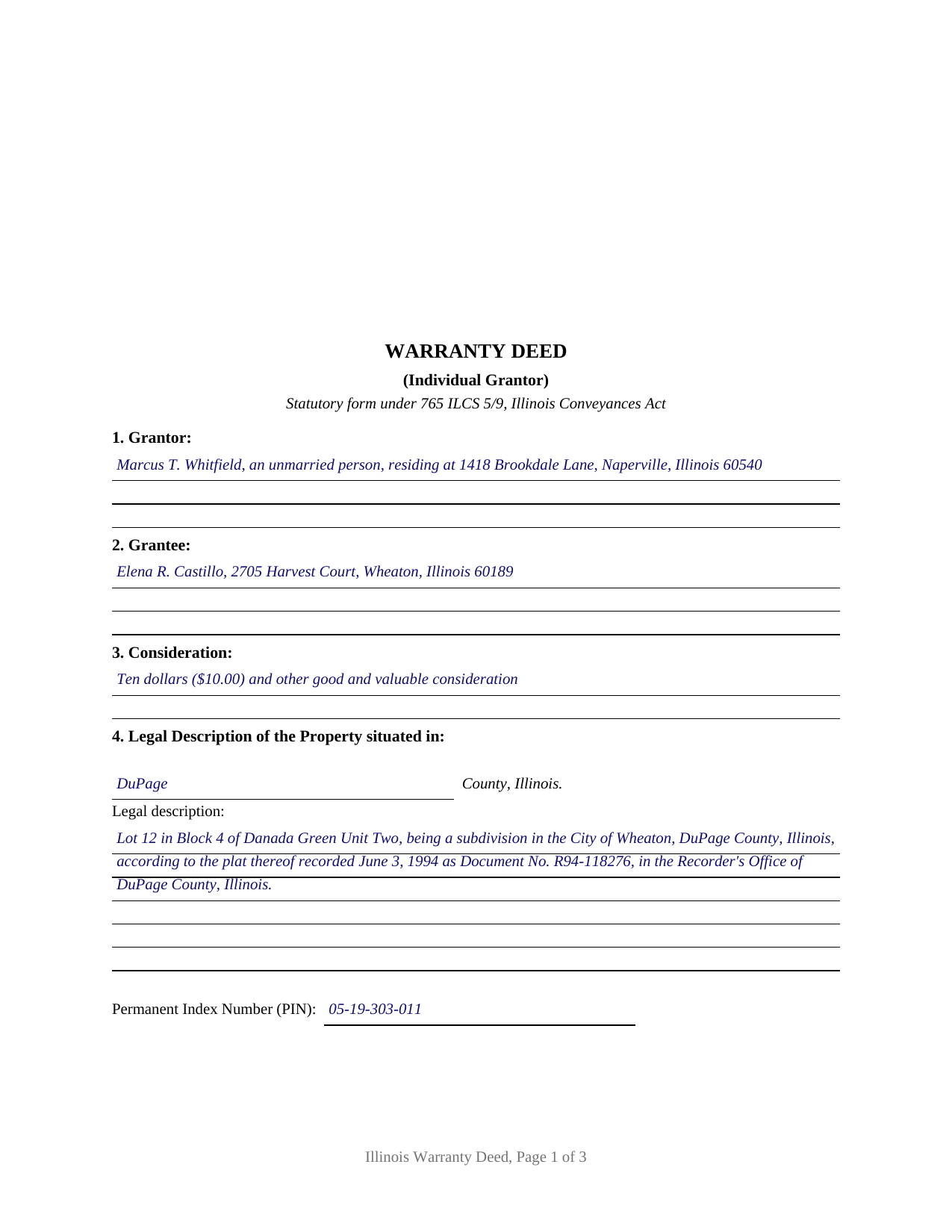 Hamilton County Completed Example of the Warranty Deed (Individual Grantor) Document