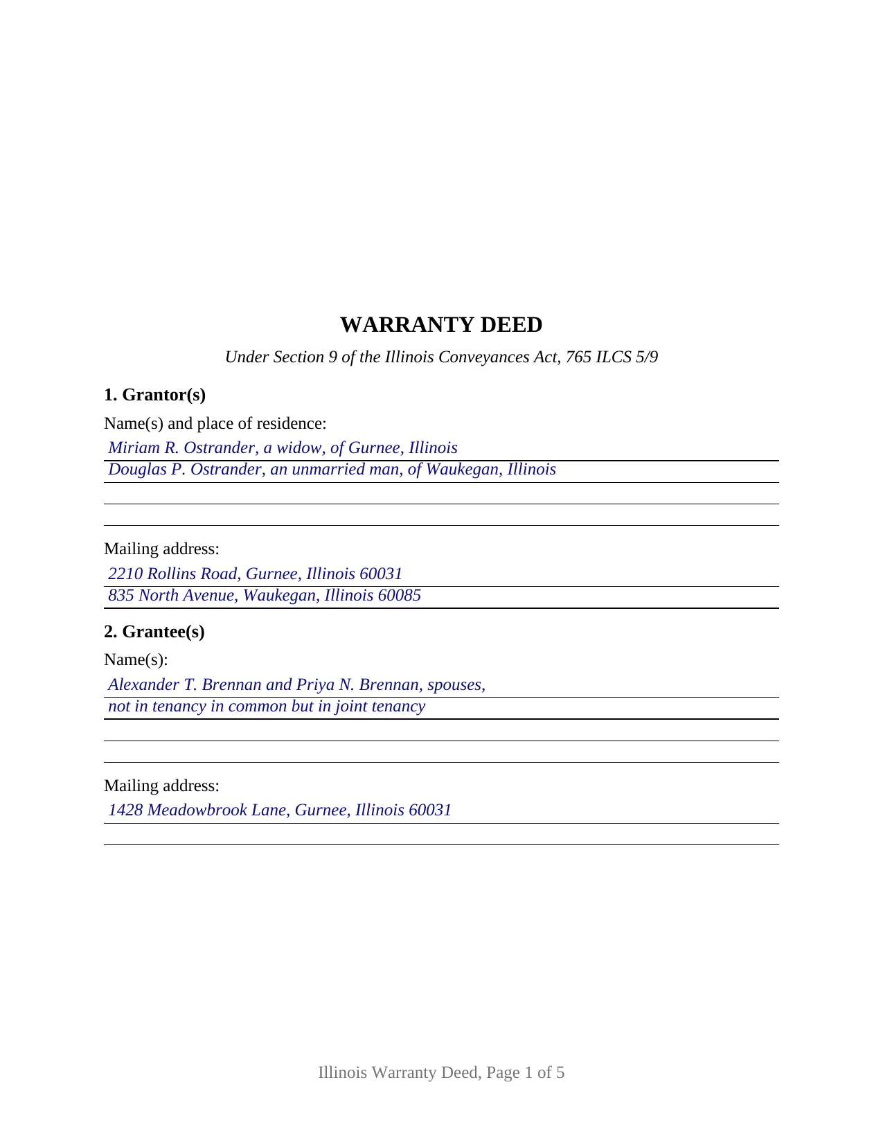 Coles County Completed Example of the Warranty Deed Document