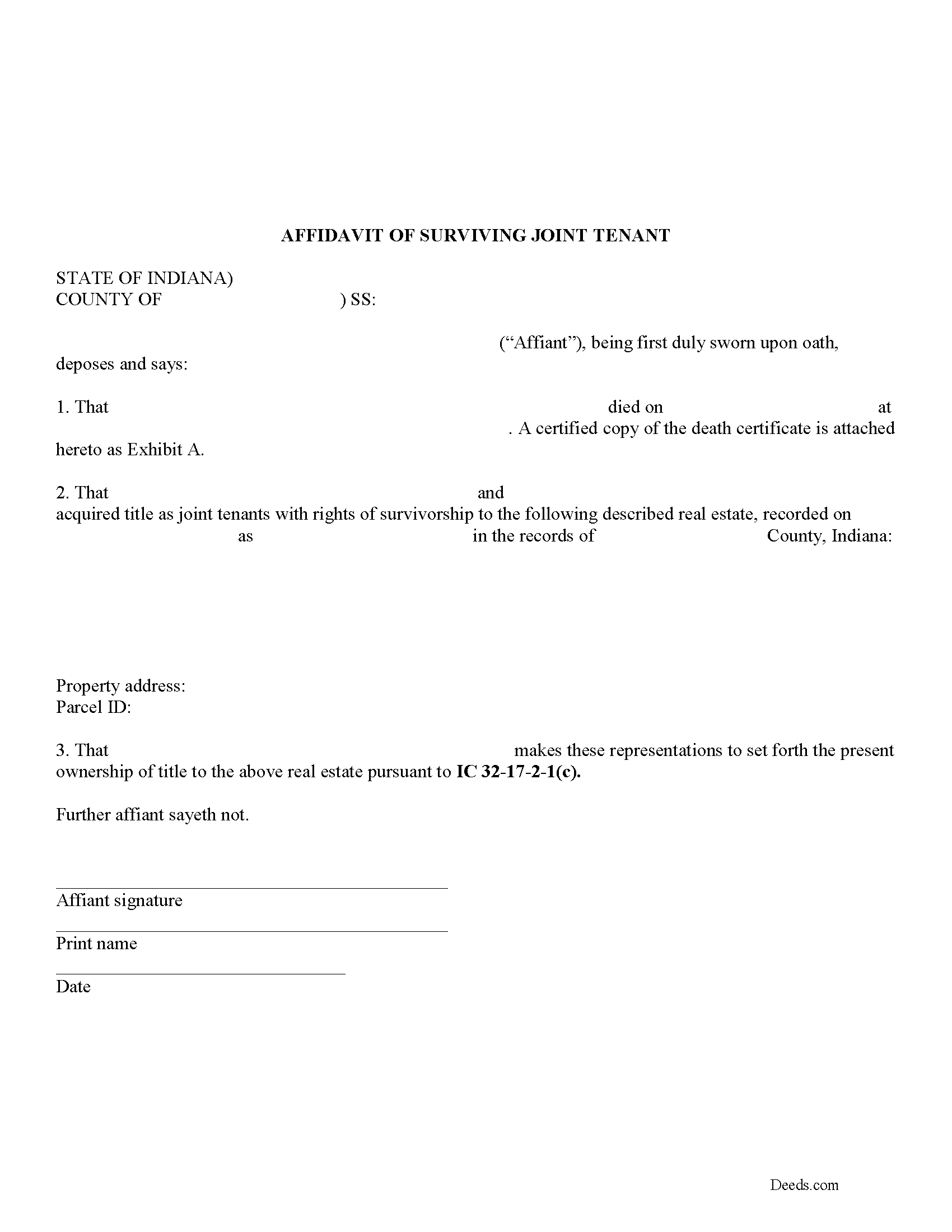 Affidavit of Surviving Joint Tenant Form