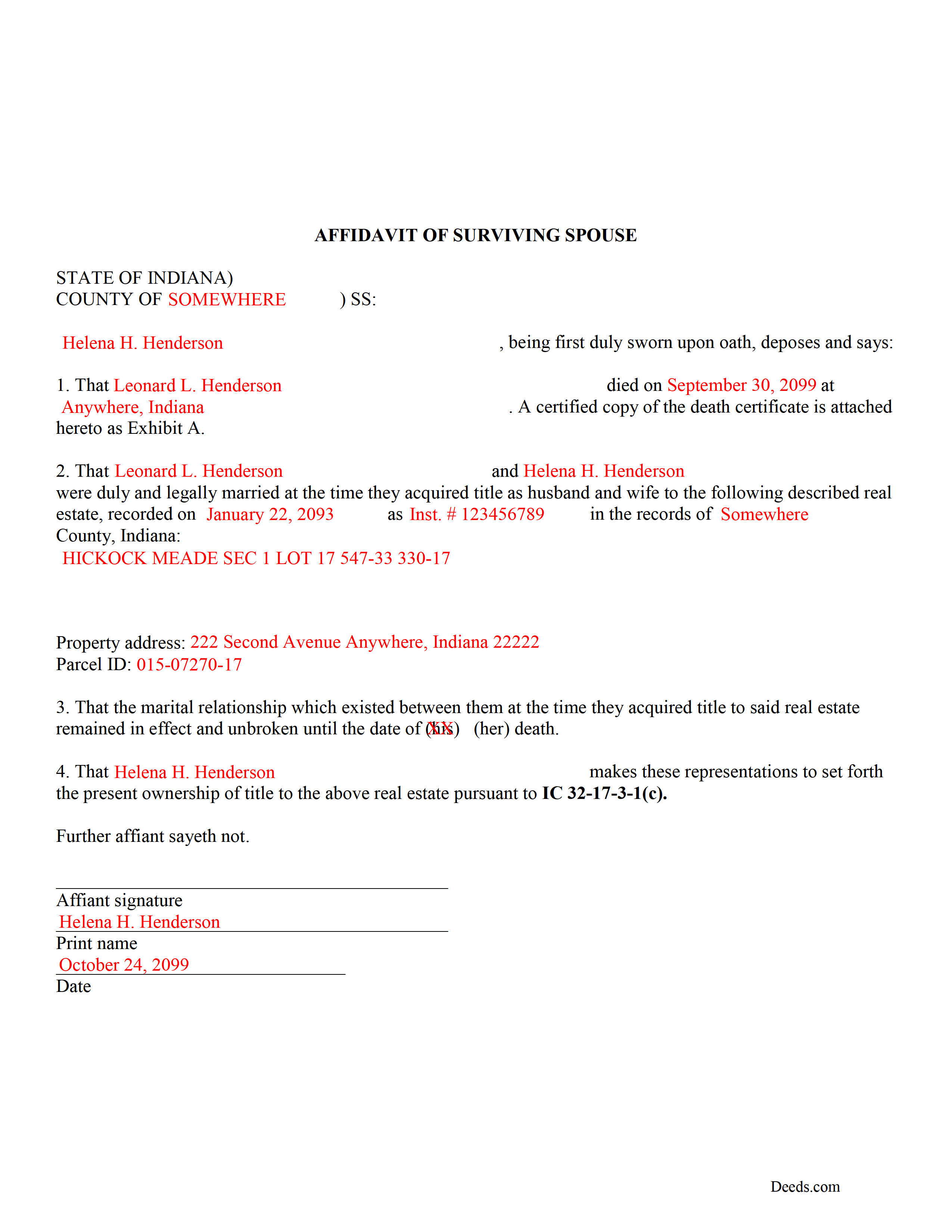 Randolph County Completed Example of the Affidavit of Surviving Spouse Document