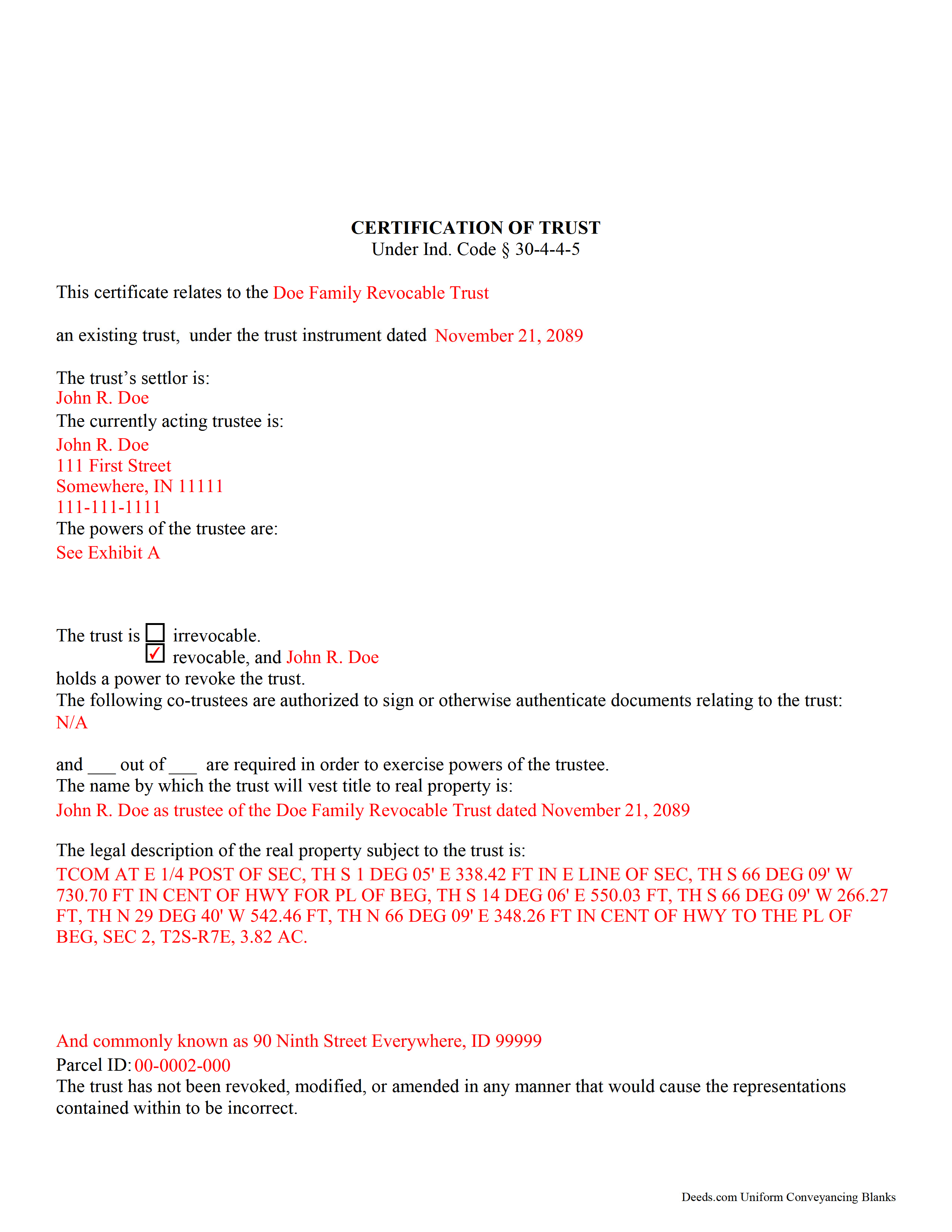 Rush County Completed Example of the Certificate of Trust Document