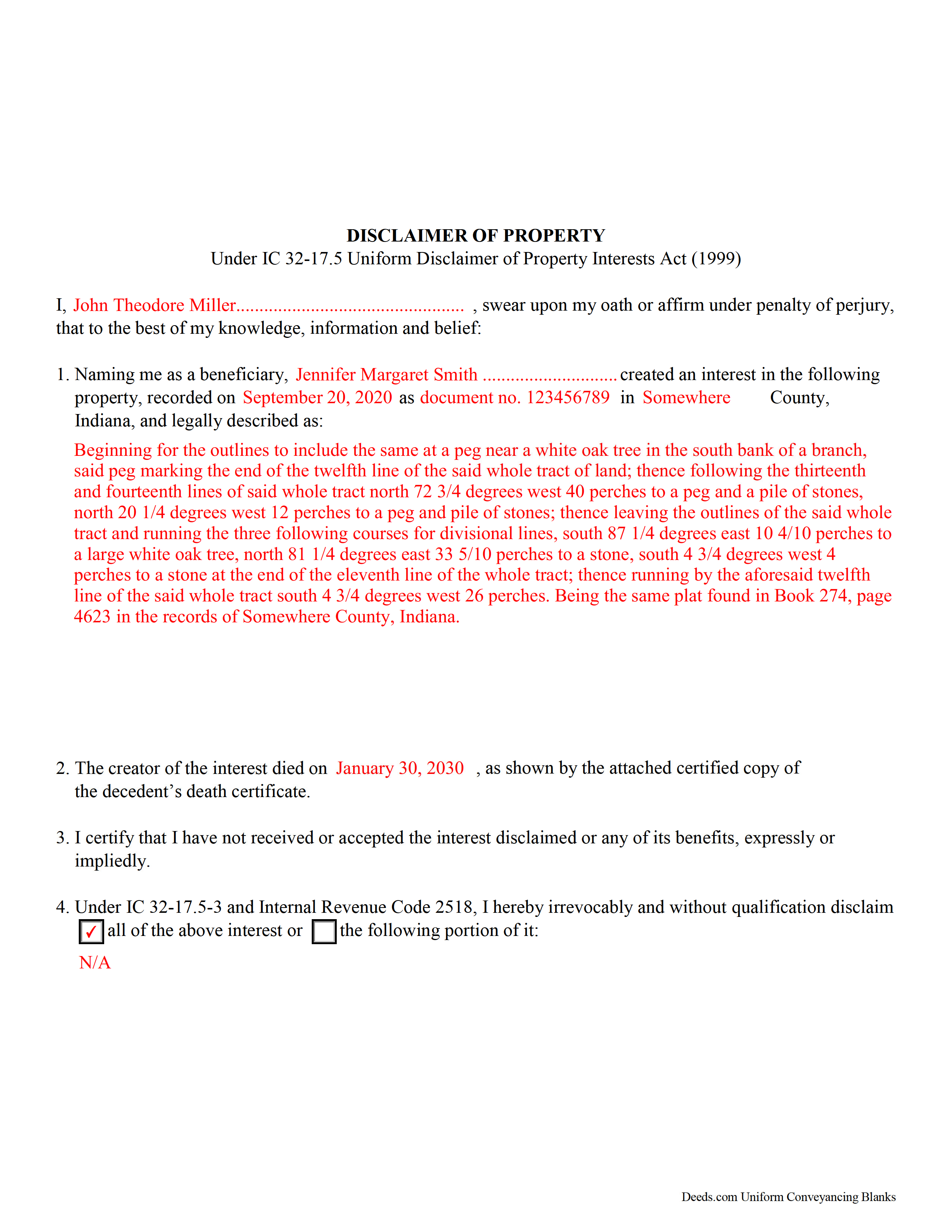 Completed Example of the Disclaimer of Interest Document