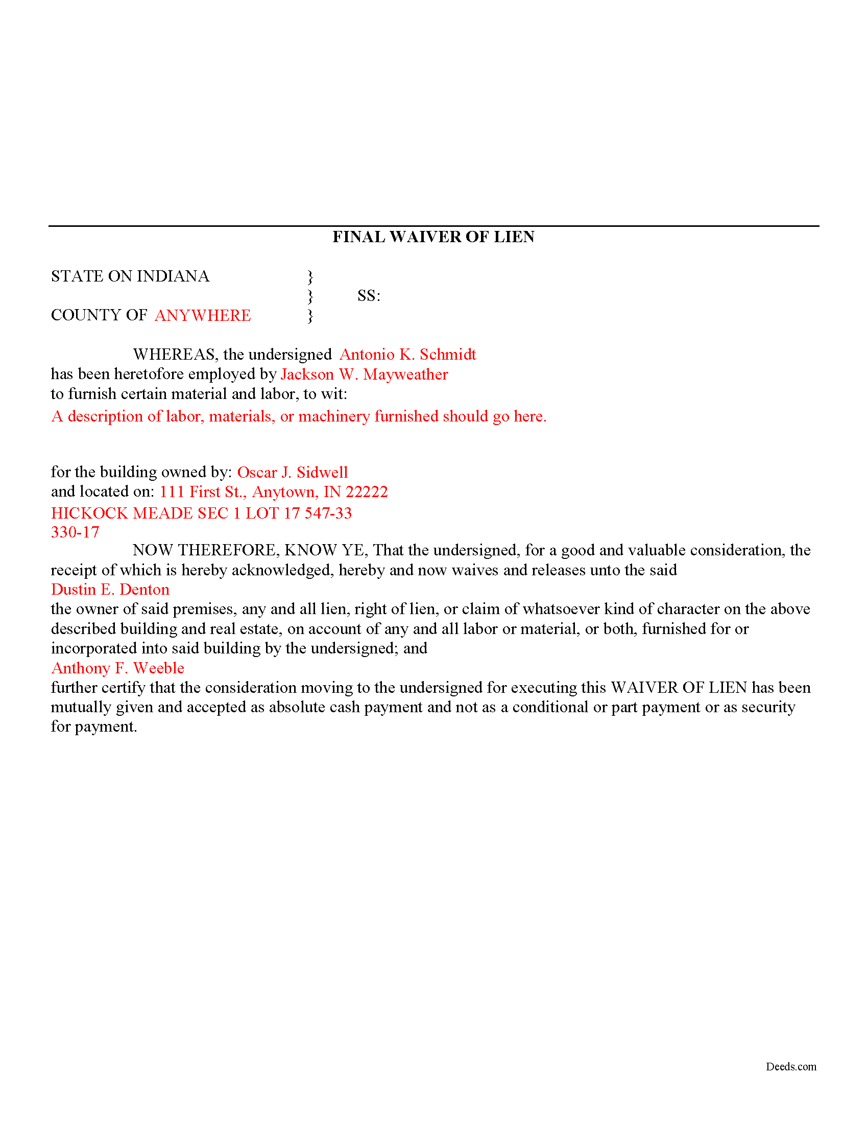 Rush County Completed Example of the Final Lien Waiver Document