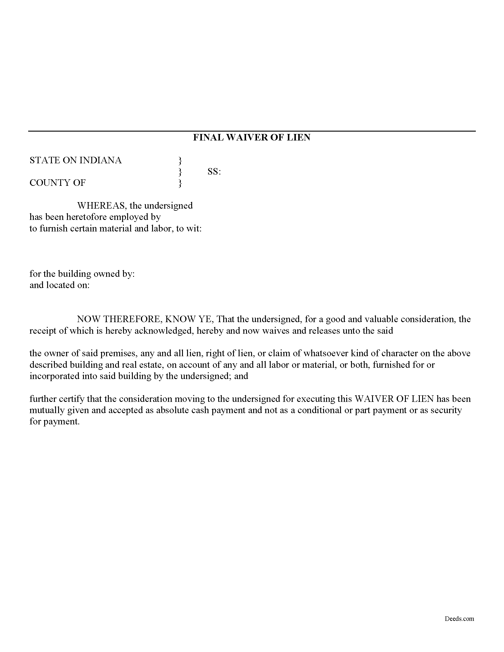 Rush County Final Lien Waiver Form