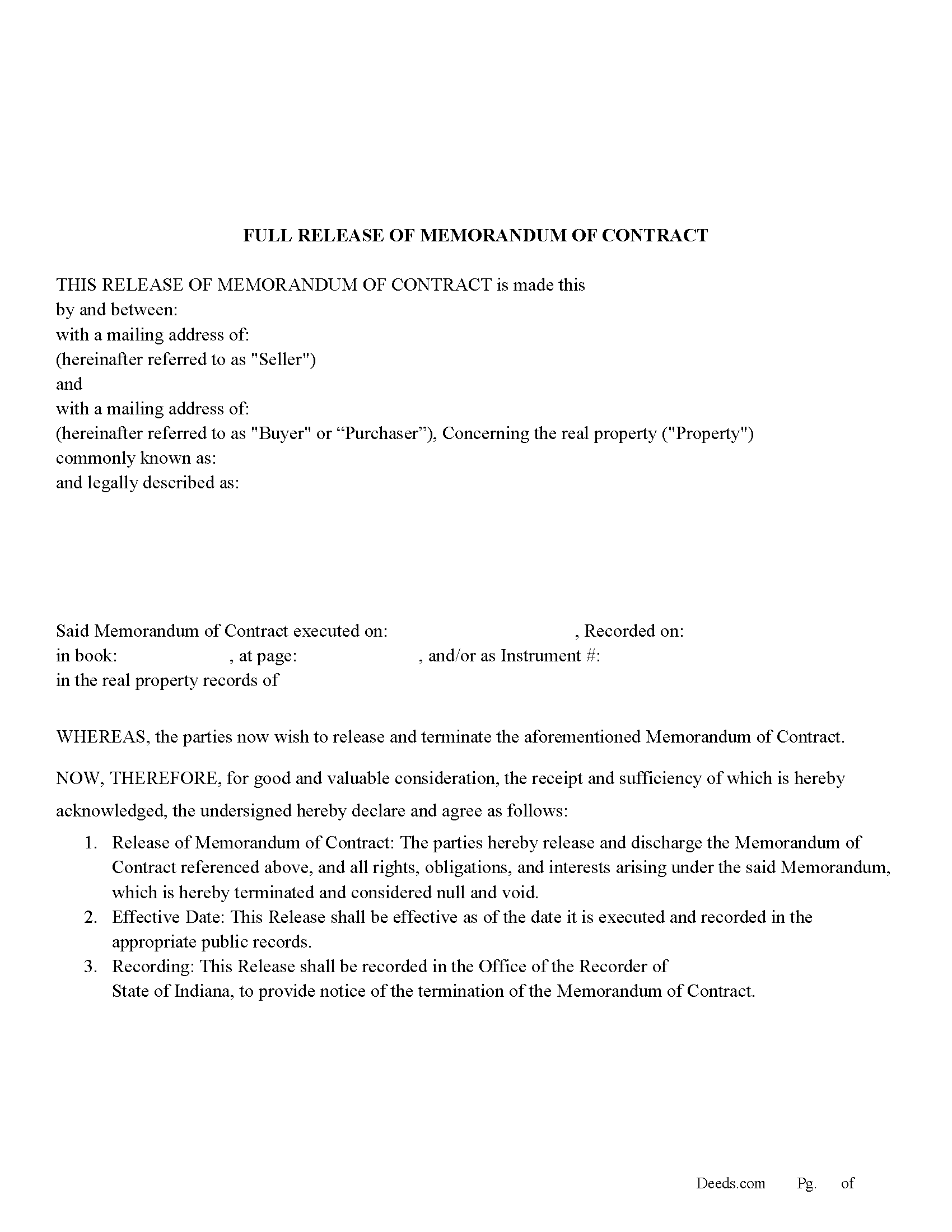 Randolph County Full Release of Memorandum of Contract Form