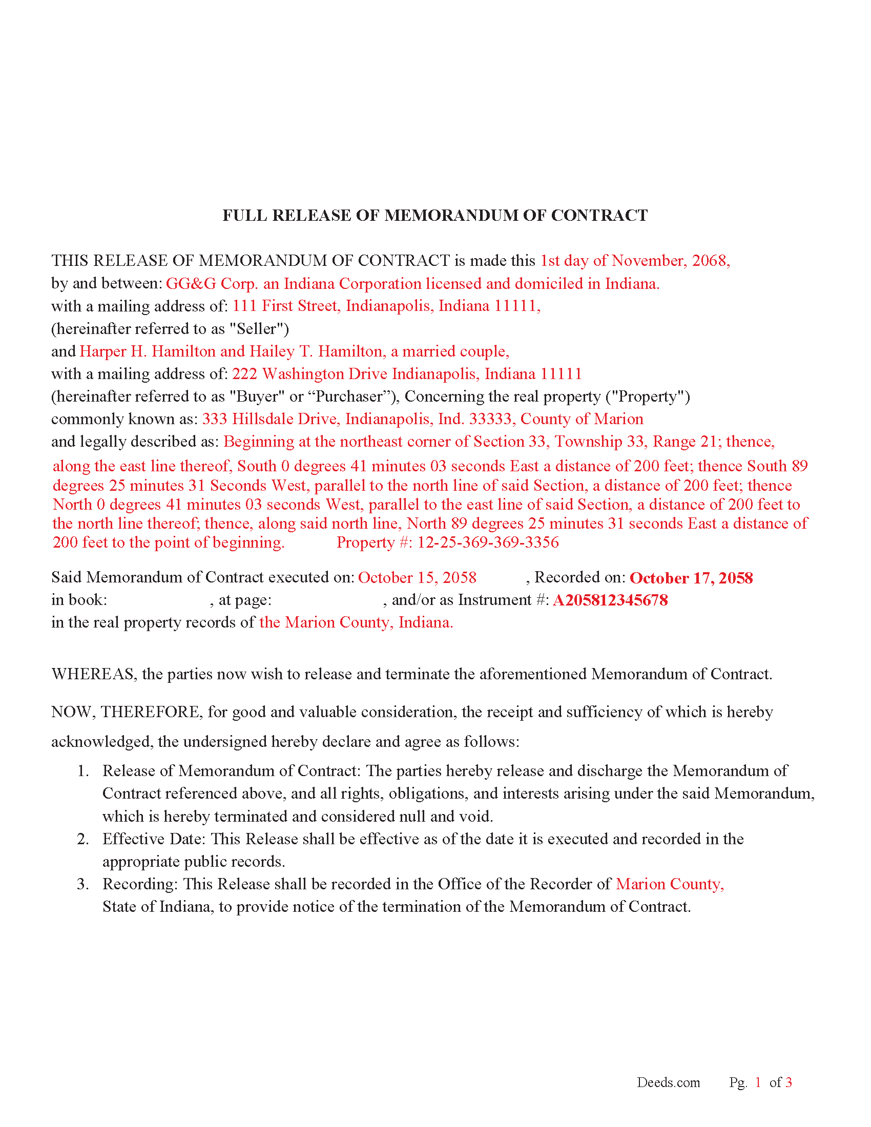 Randolph County Completed Example of the Full Release of Memorandum of Contract Document