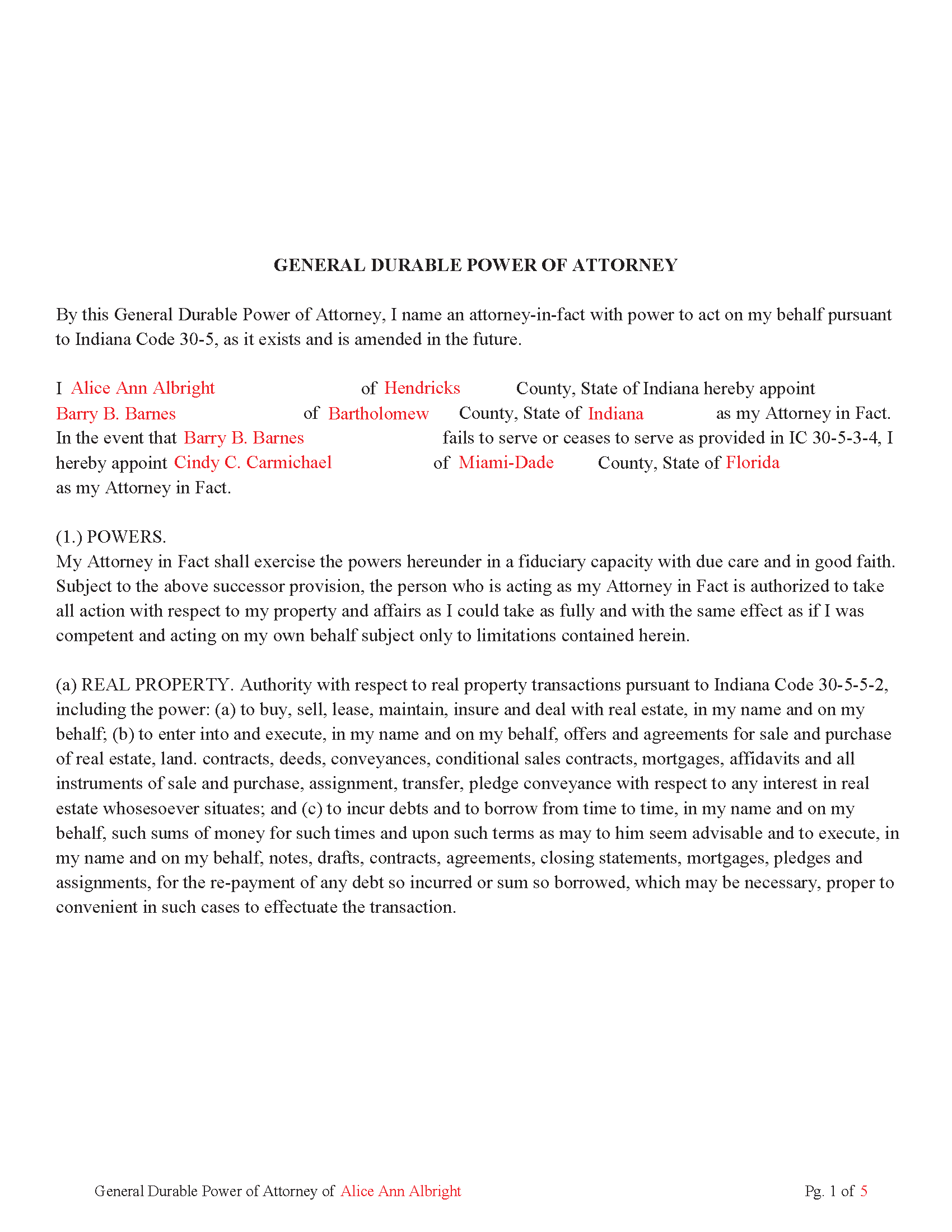 Rush County Completed Example of the Power of Attorney Document