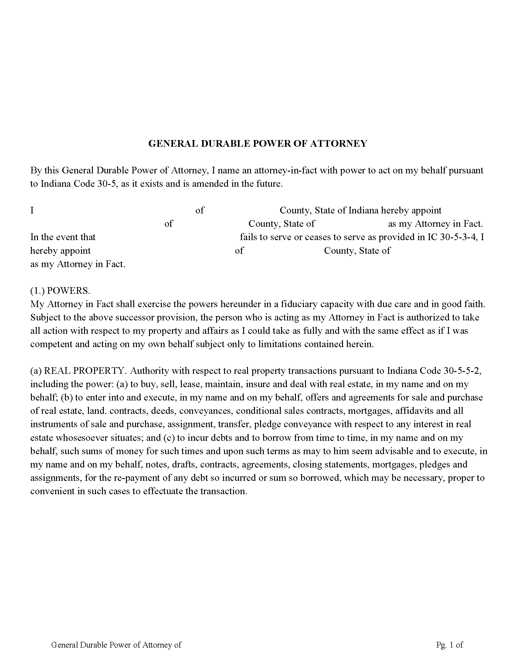 Indiana General Durable Power of Attorney Image
