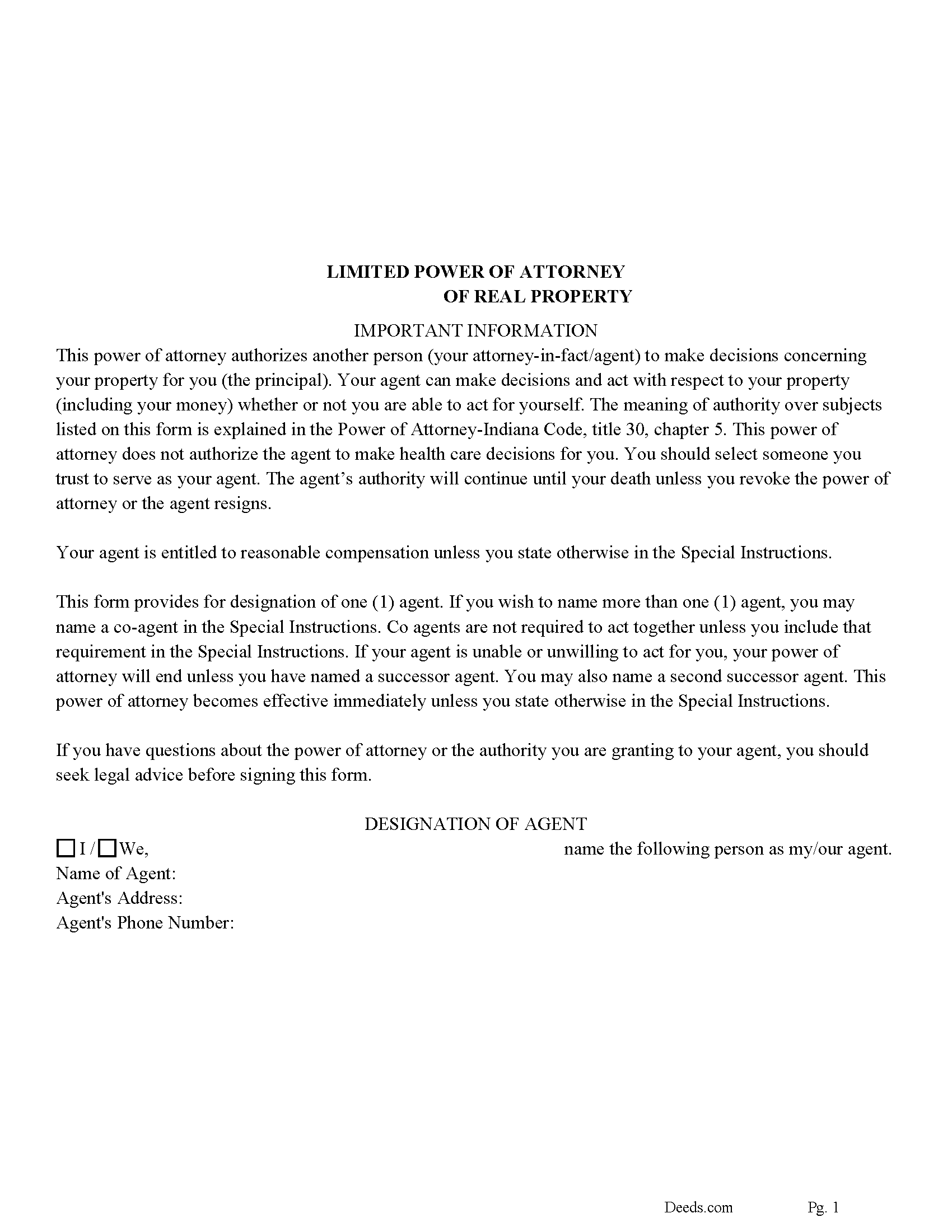 Indiana Limited Power of Attorney for Real Property Image