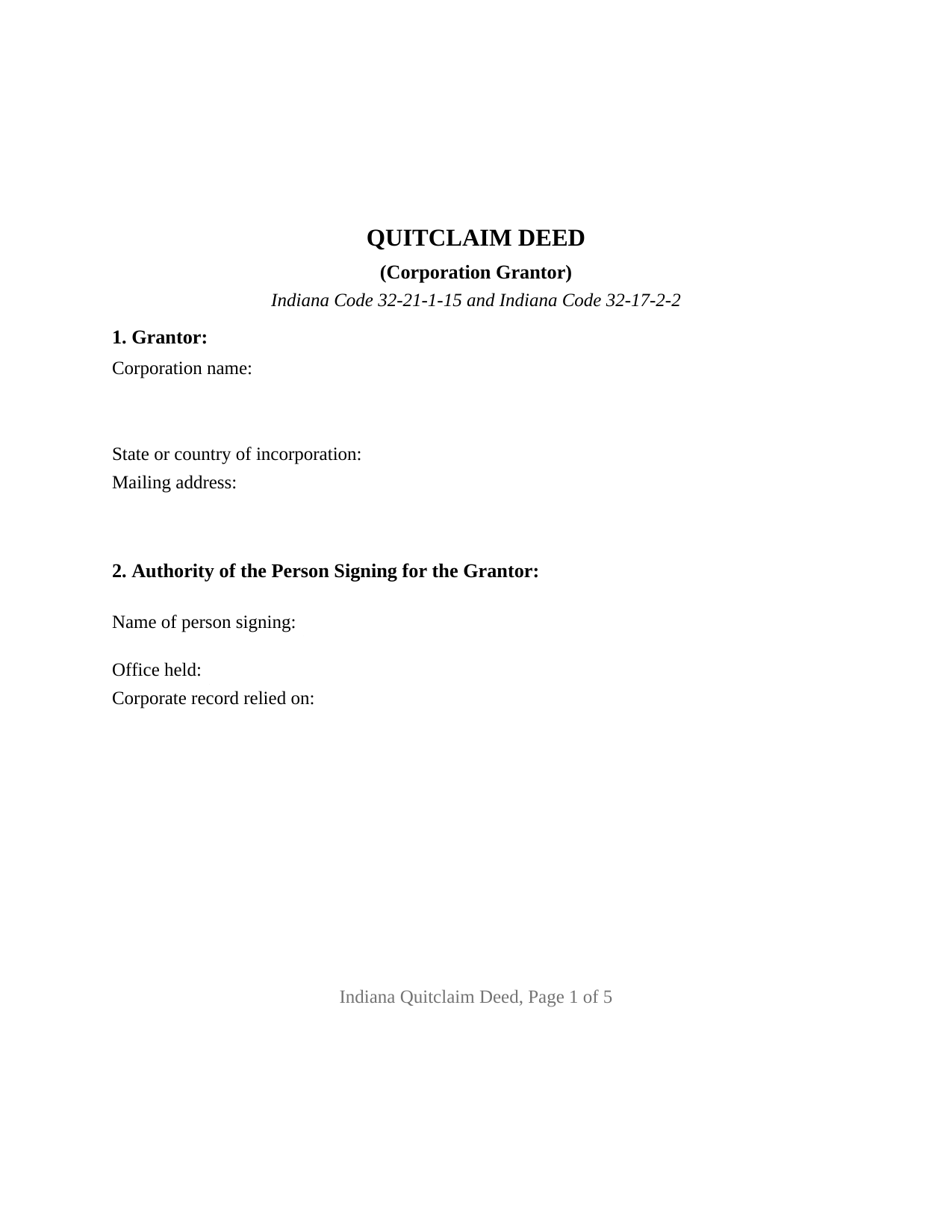 Indiana Quitclaim Deed (Corporation Grantor)