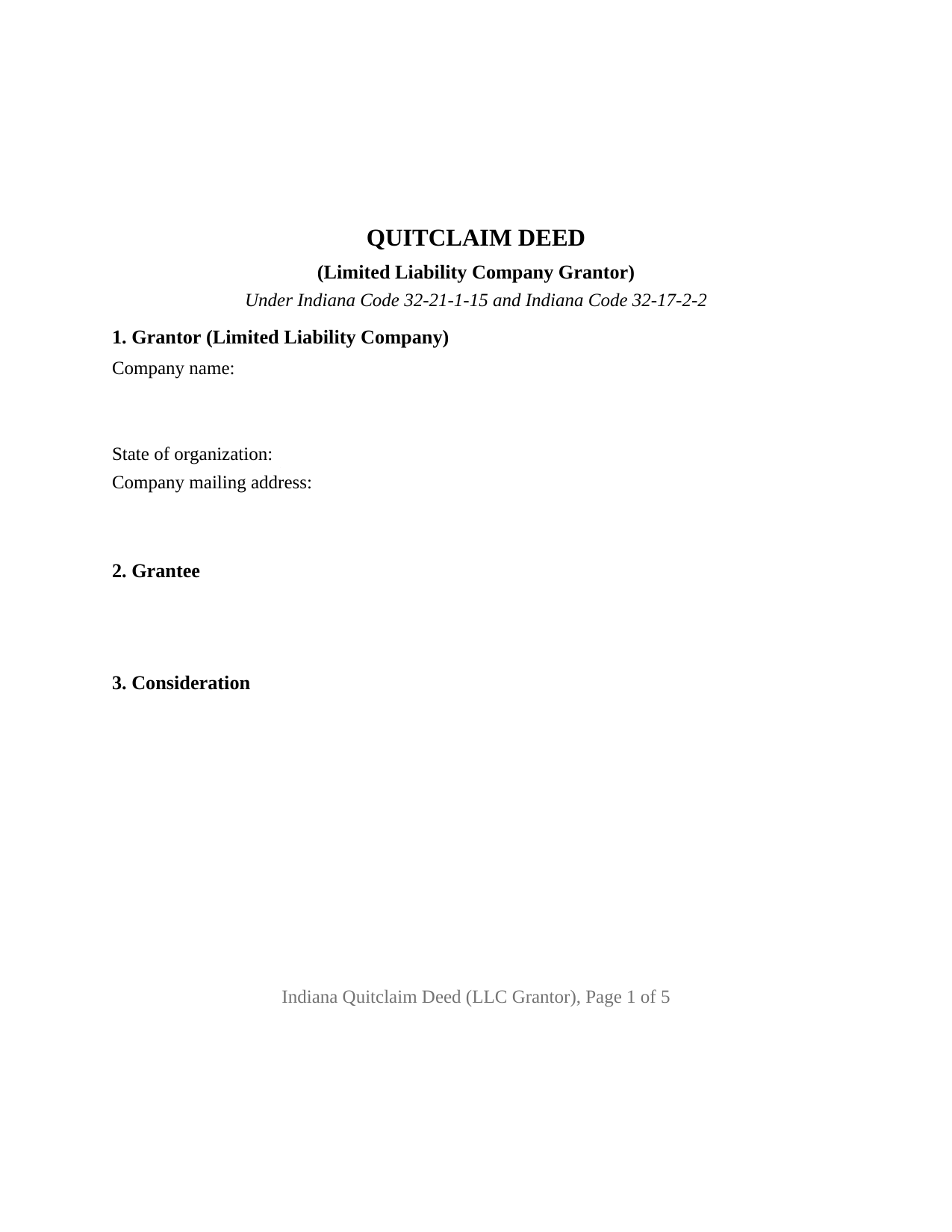 Indiana Quitclaim Deed (LLC Grantor)