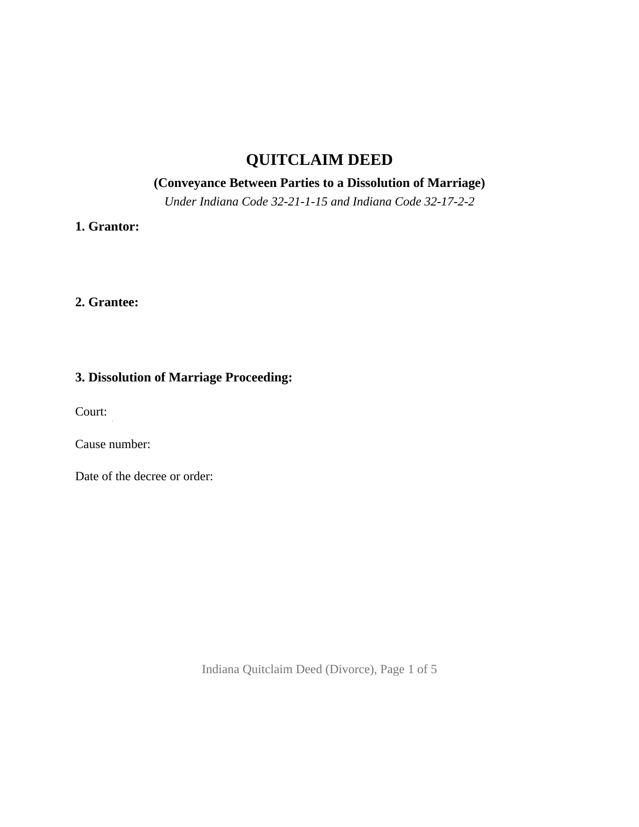 Indiana Quitclaim Deed (Divorce)