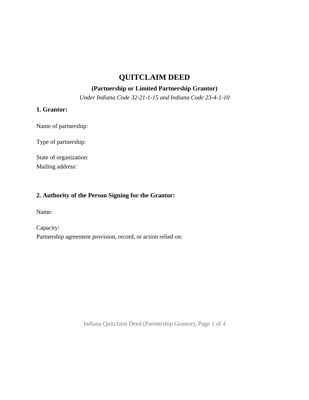 Indiana Quitclaim Deed (Partnership or Limited Partnership Grantor)