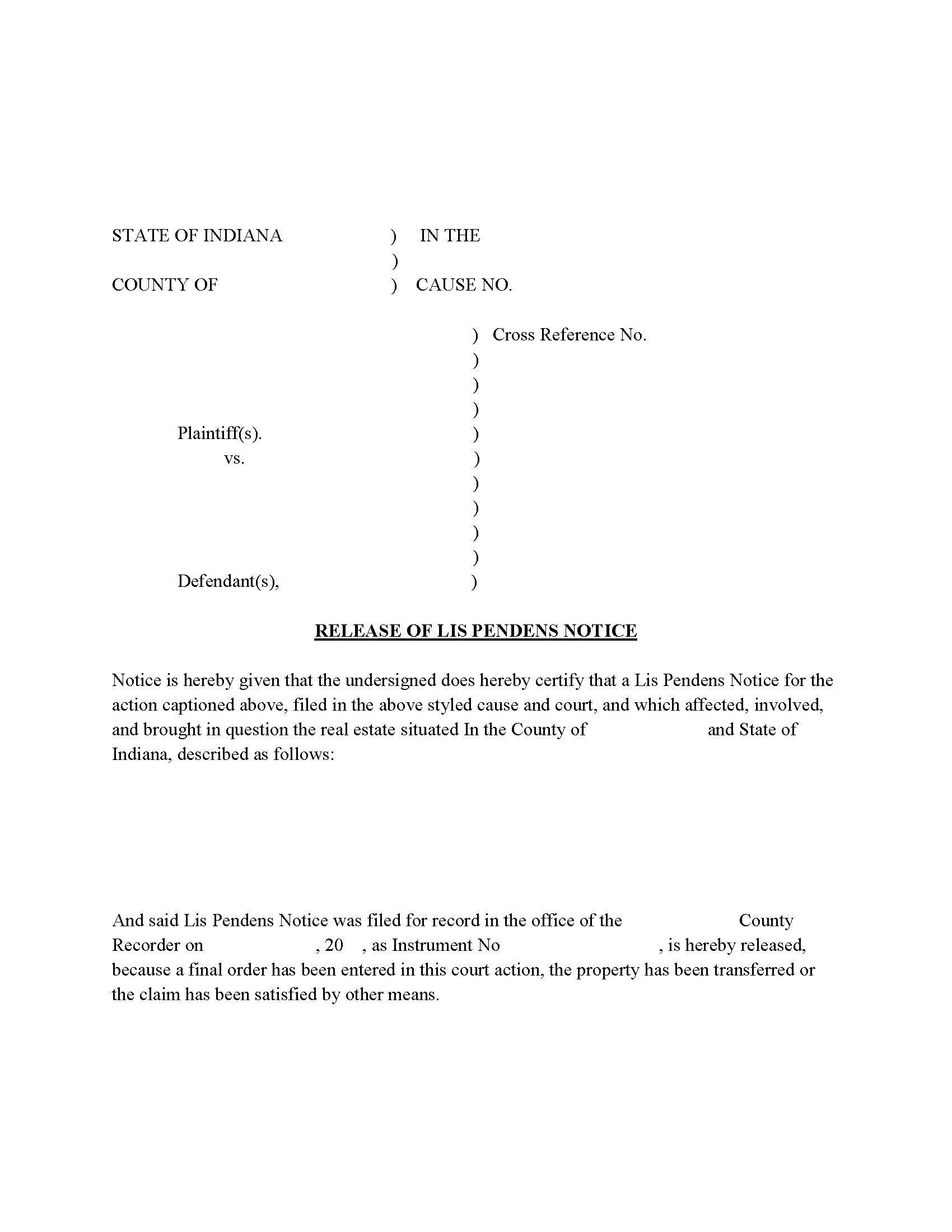 Indiana Release of Lis Pendens Notice Image