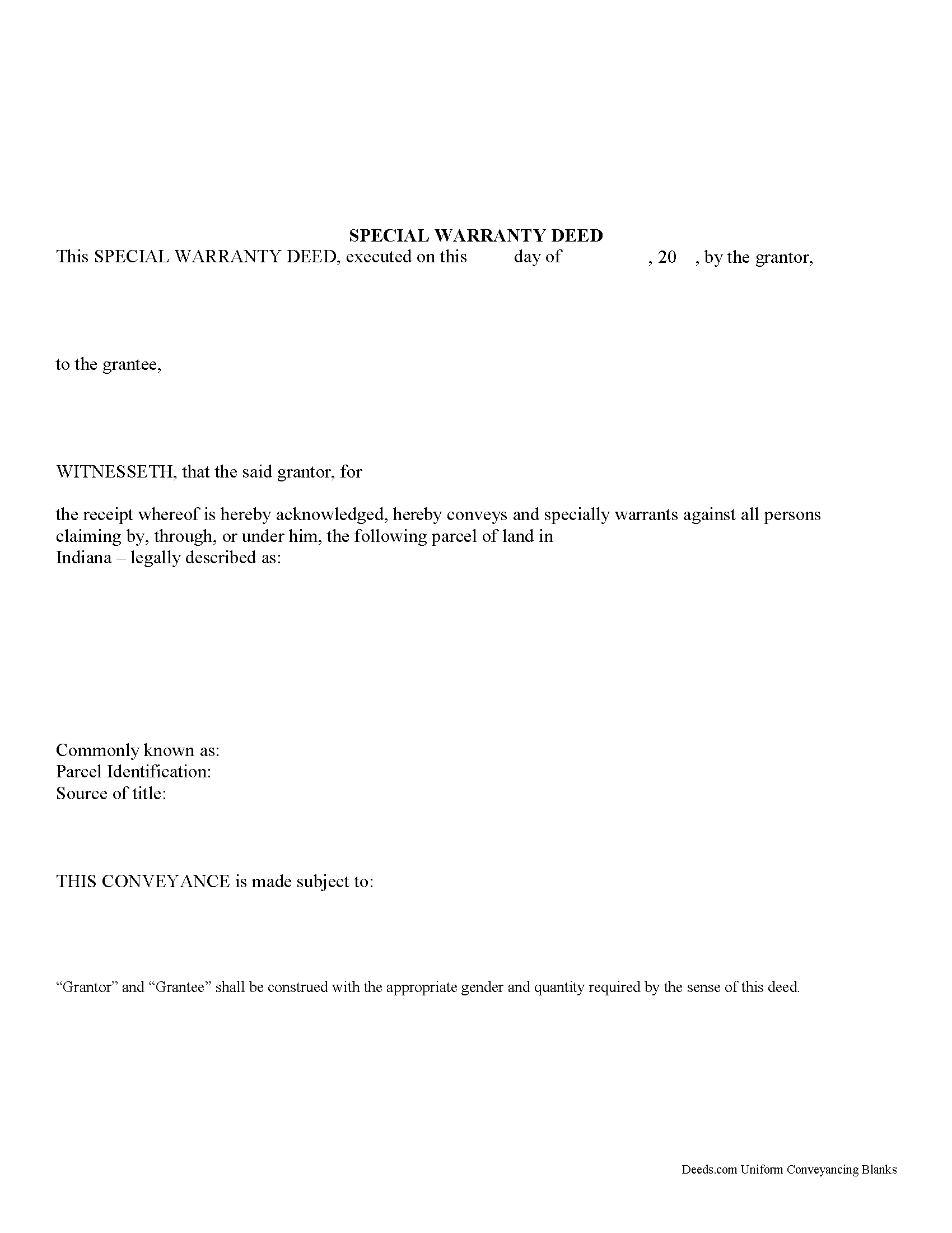 Indiana Special Warranty Deed Image