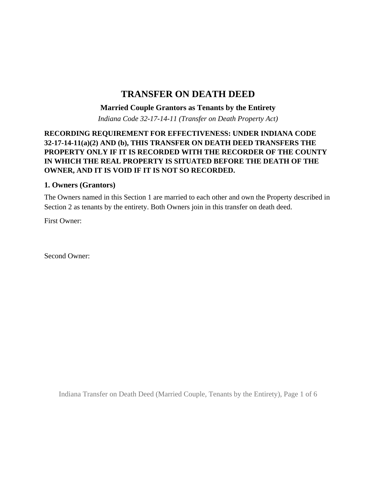 Indiana Transfer on Death Deed (Married Couple Grantors as Tenants by the Entirety)
