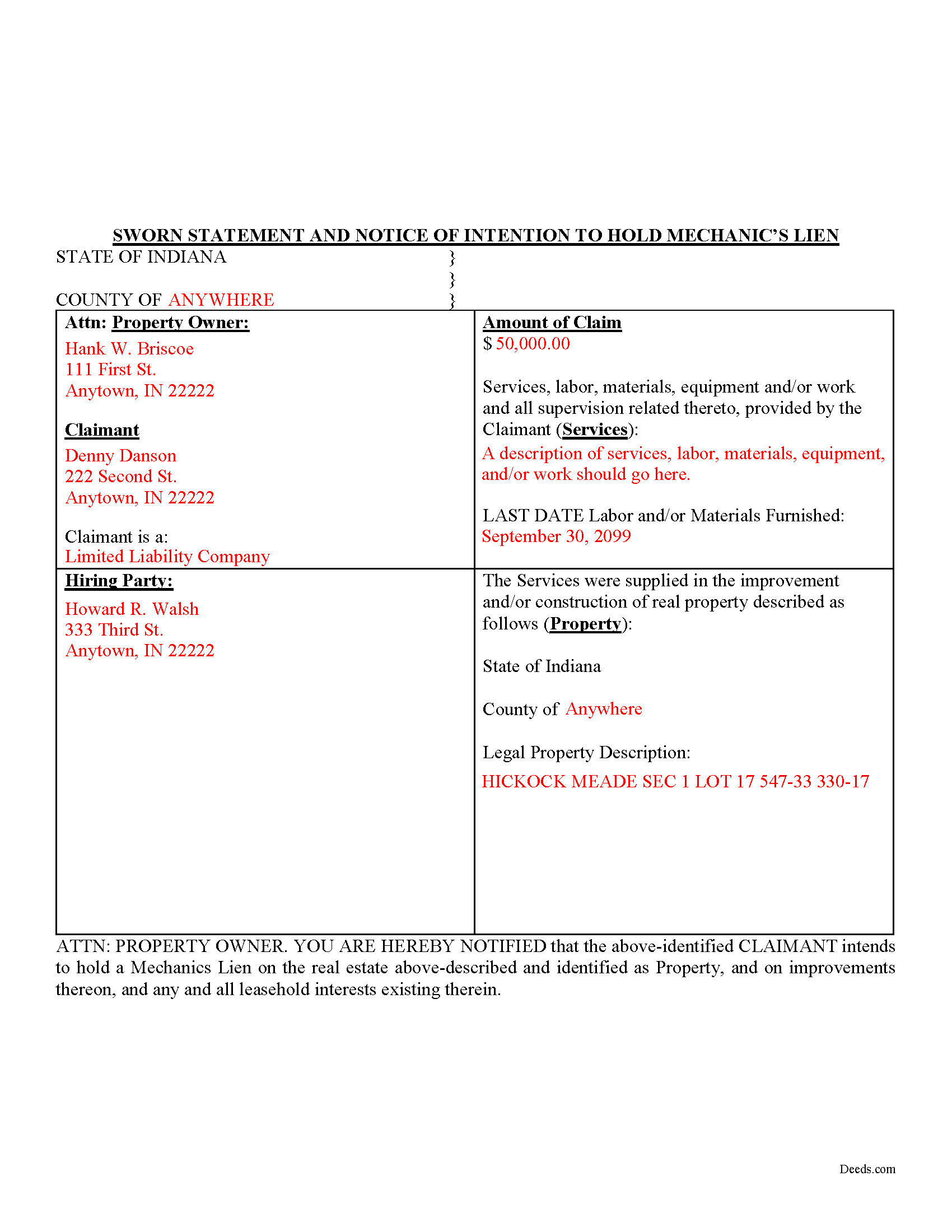 Completed Example of the Mechanics Lien Document