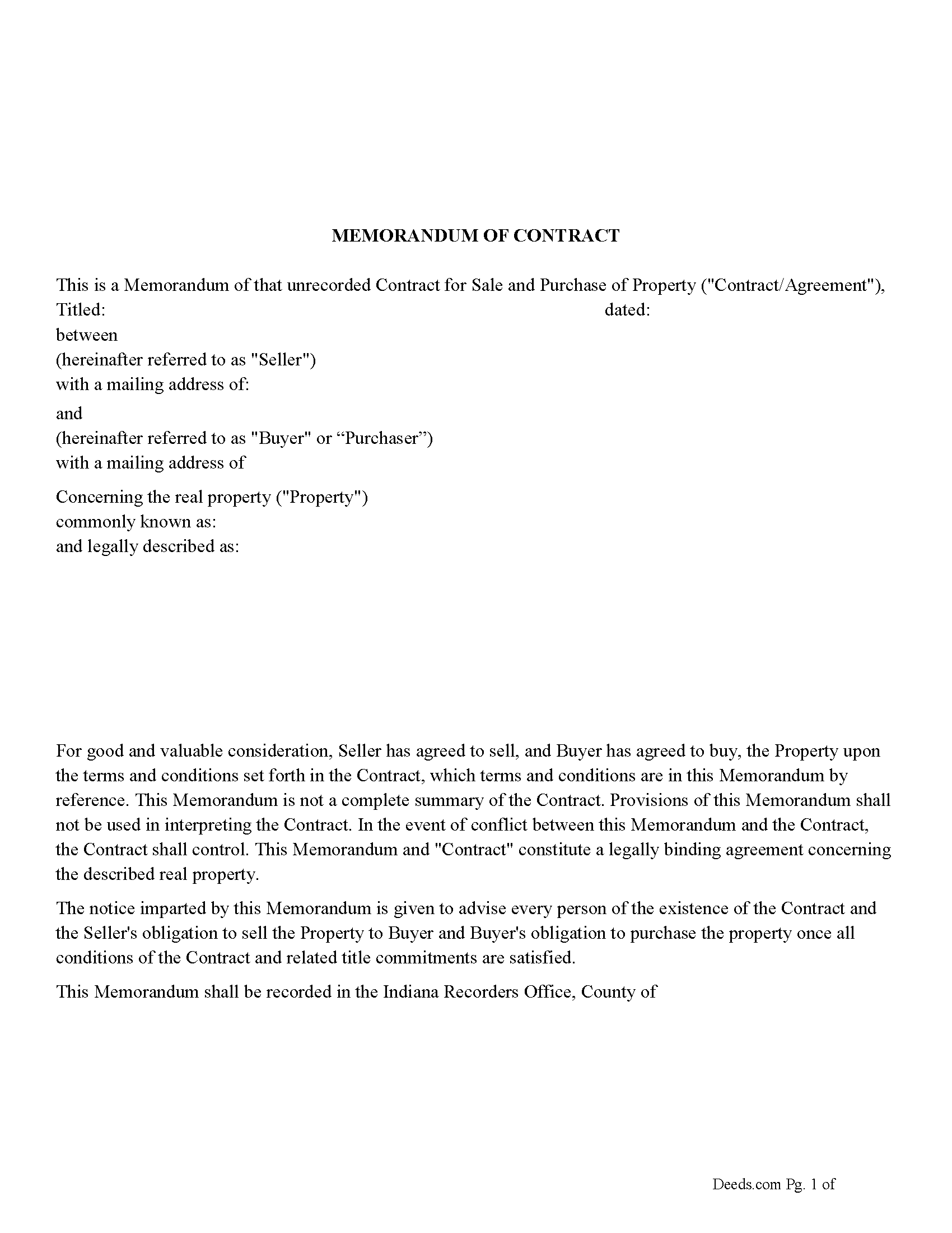 Rush County Memorandum of Contract Form