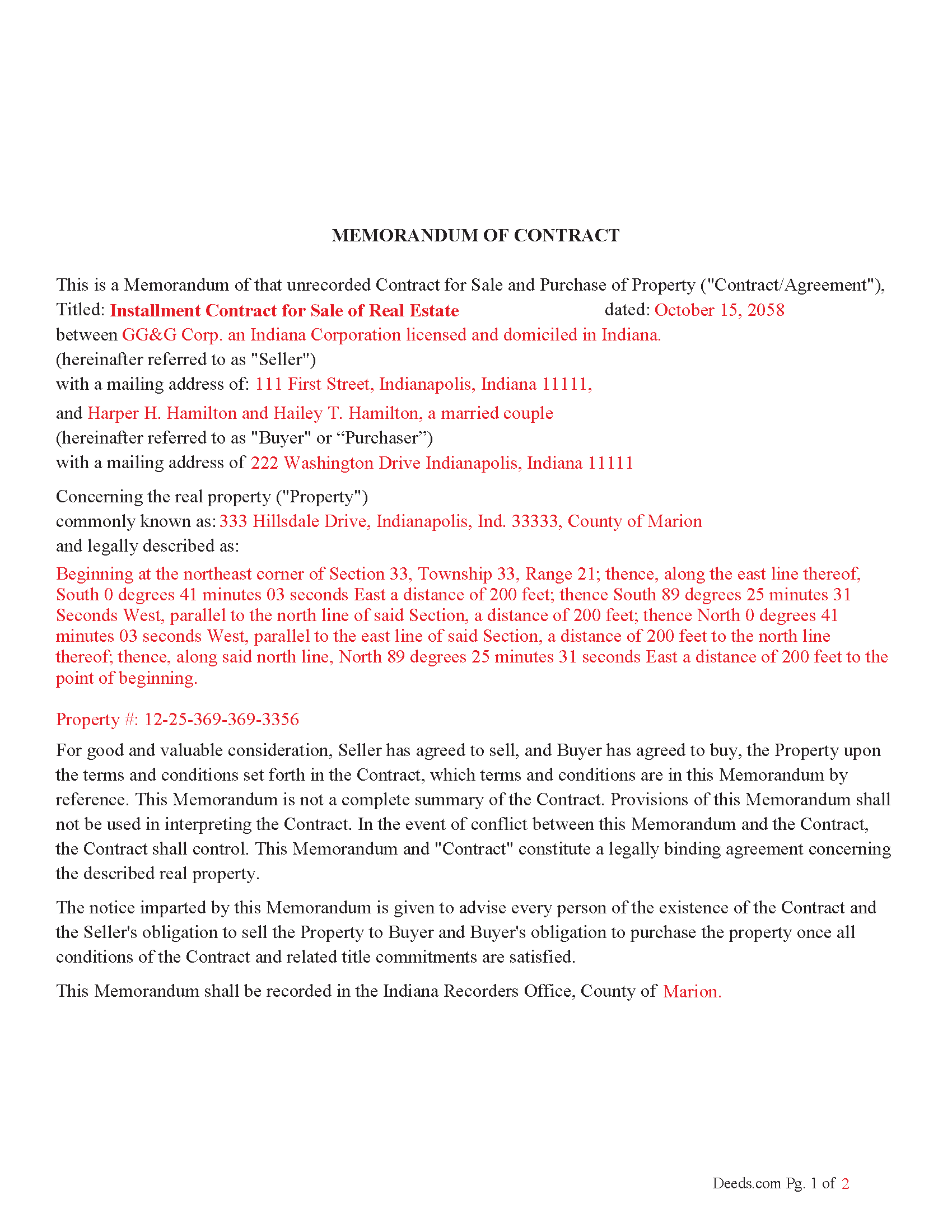 Rush County Completed Example of the Memorandum of Contract Document