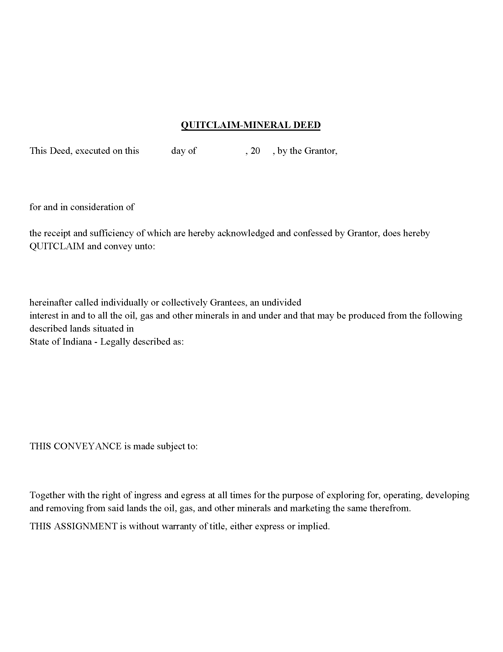 Mineral Deed with Quitclaim Covenants Form