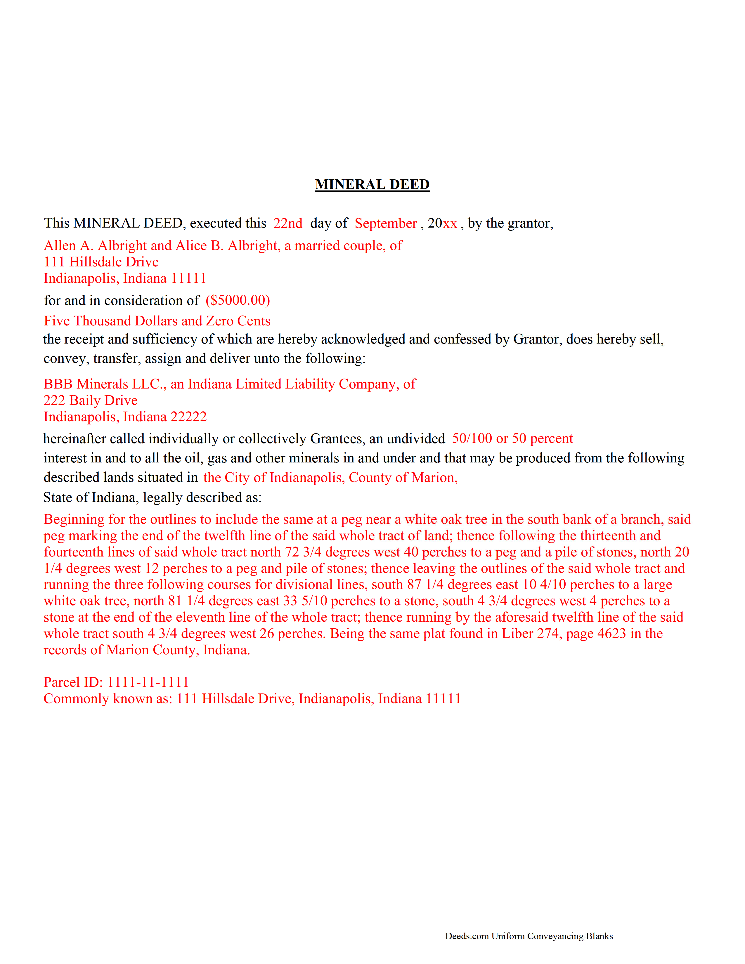 Rush County Completed Example of a Mineral Deed Document