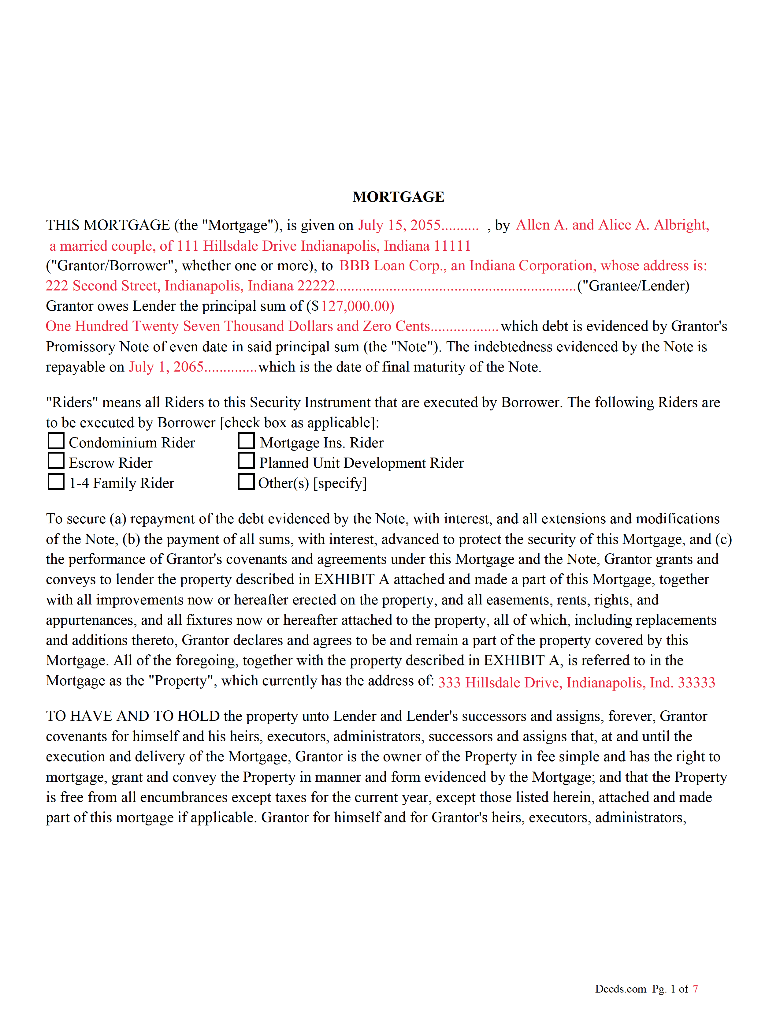 Completed Example of the Mortgage Document