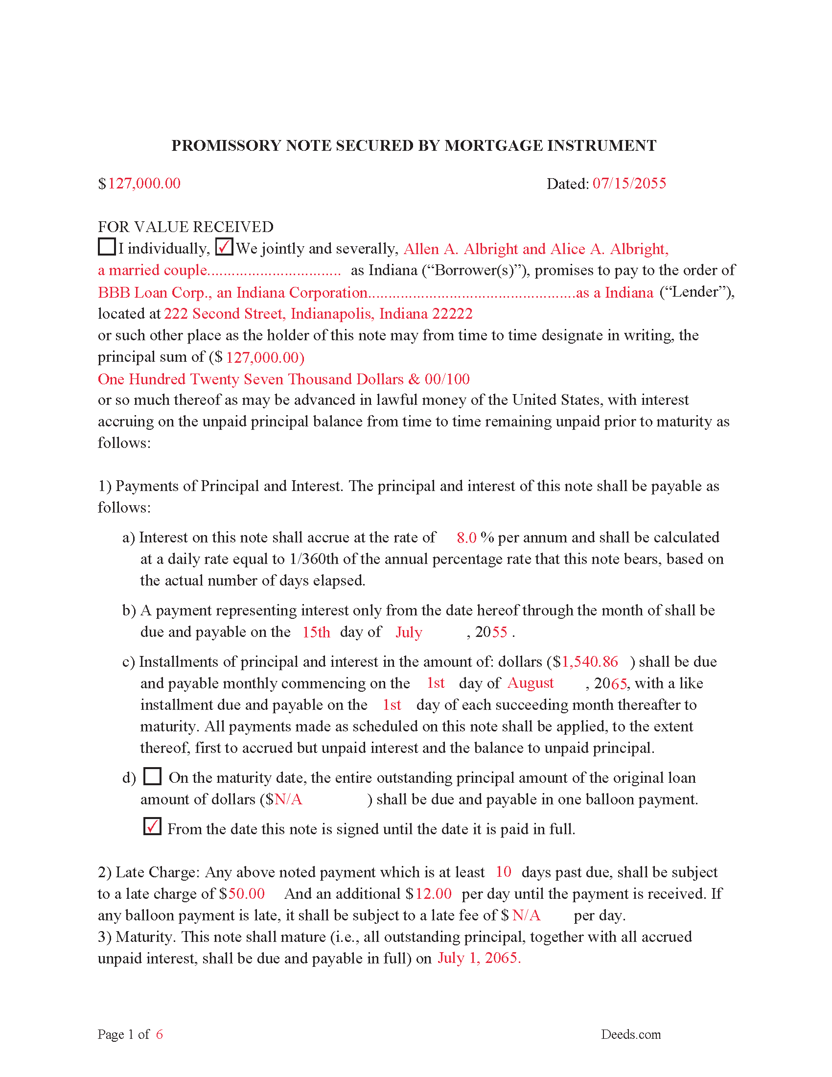Rush County Completed Example of the Promissory Note Document