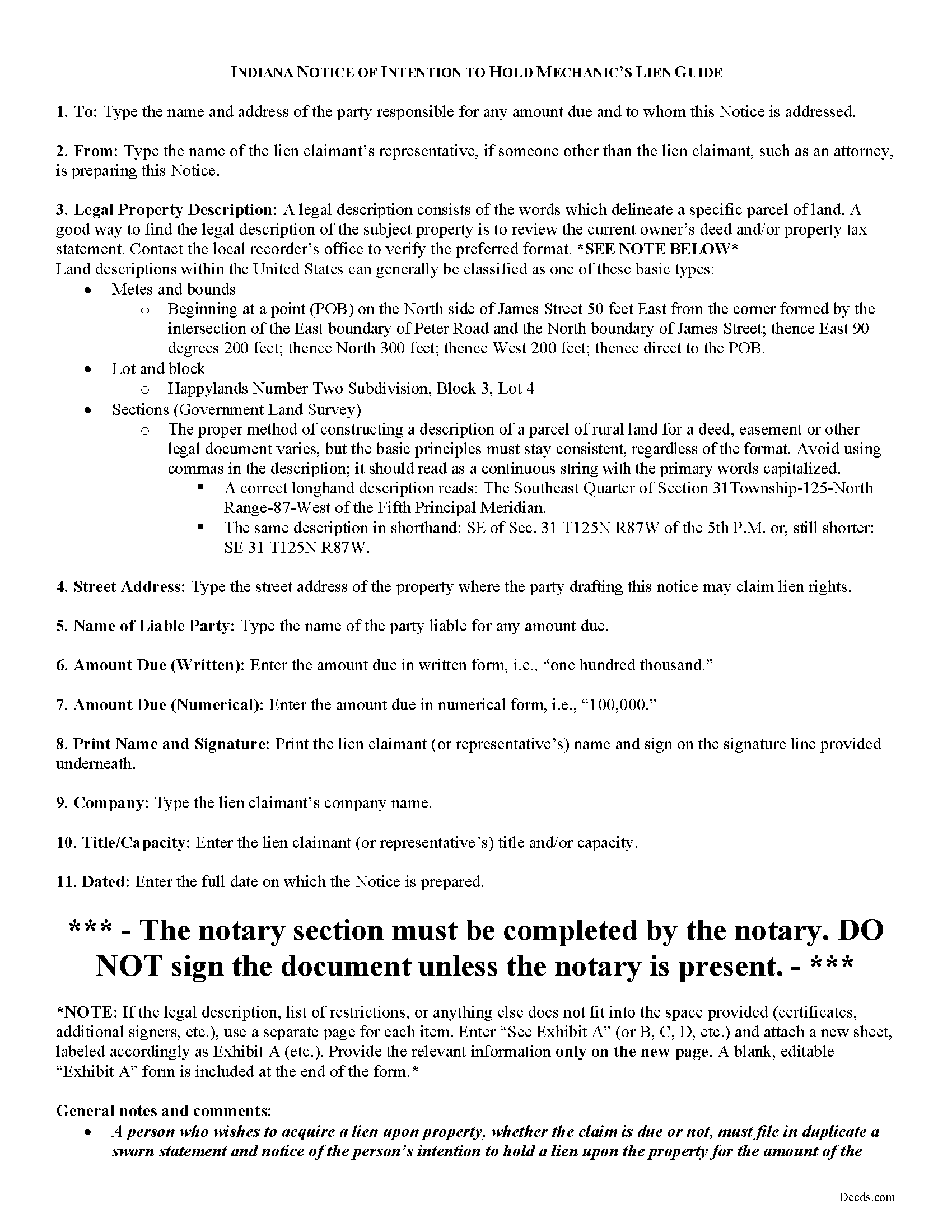 Kosciusko County Notice of Intention to Hold Lien Guide