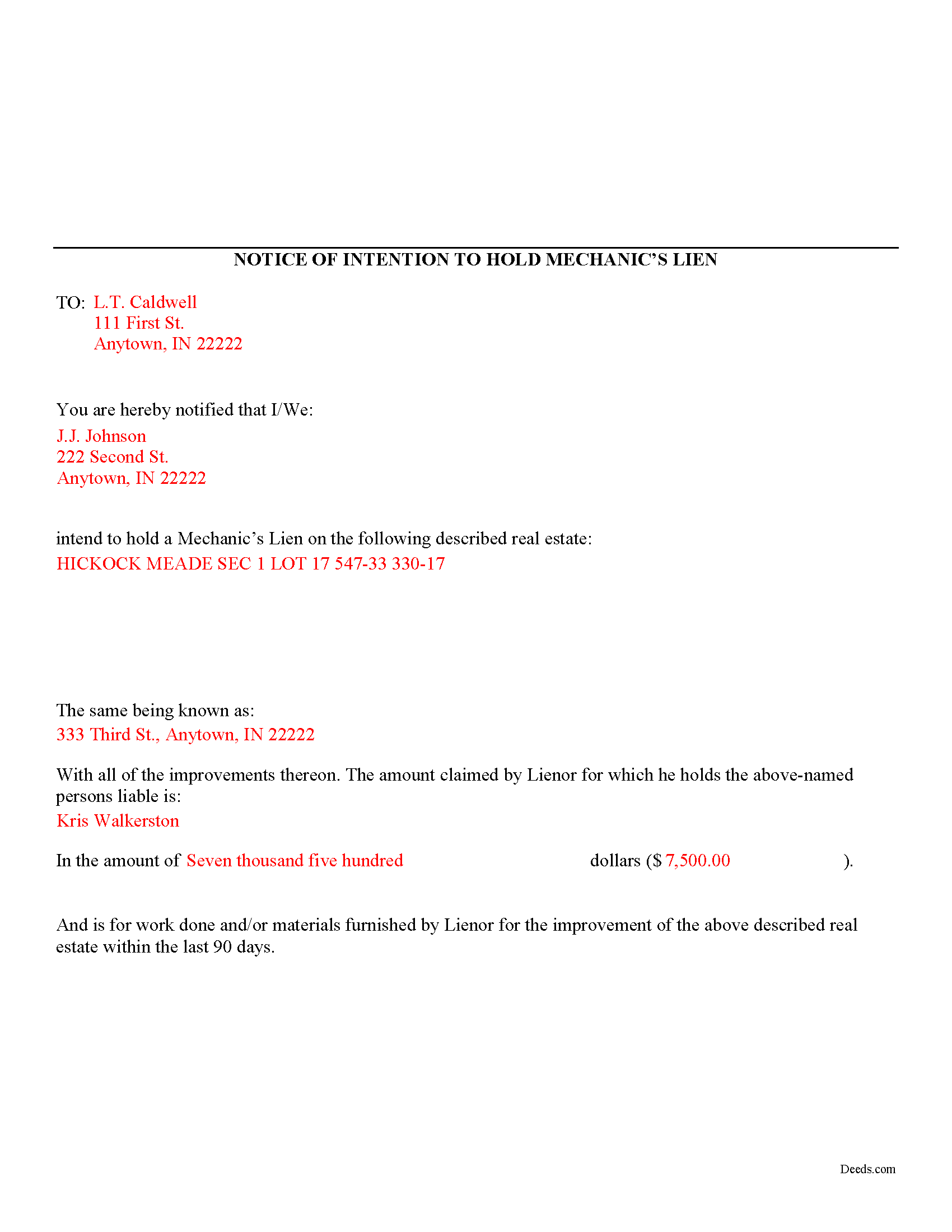 Kosciusko County Completed Example of Notice of Intention to Hole Lien Document