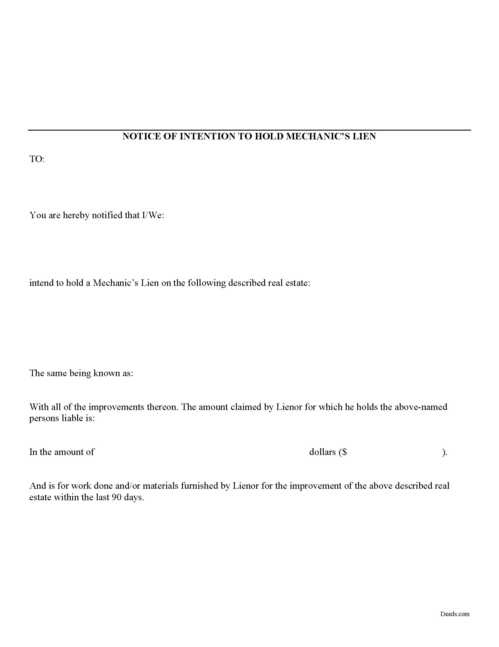 Kosciusko County Notice of Intention to Hold Lien Form