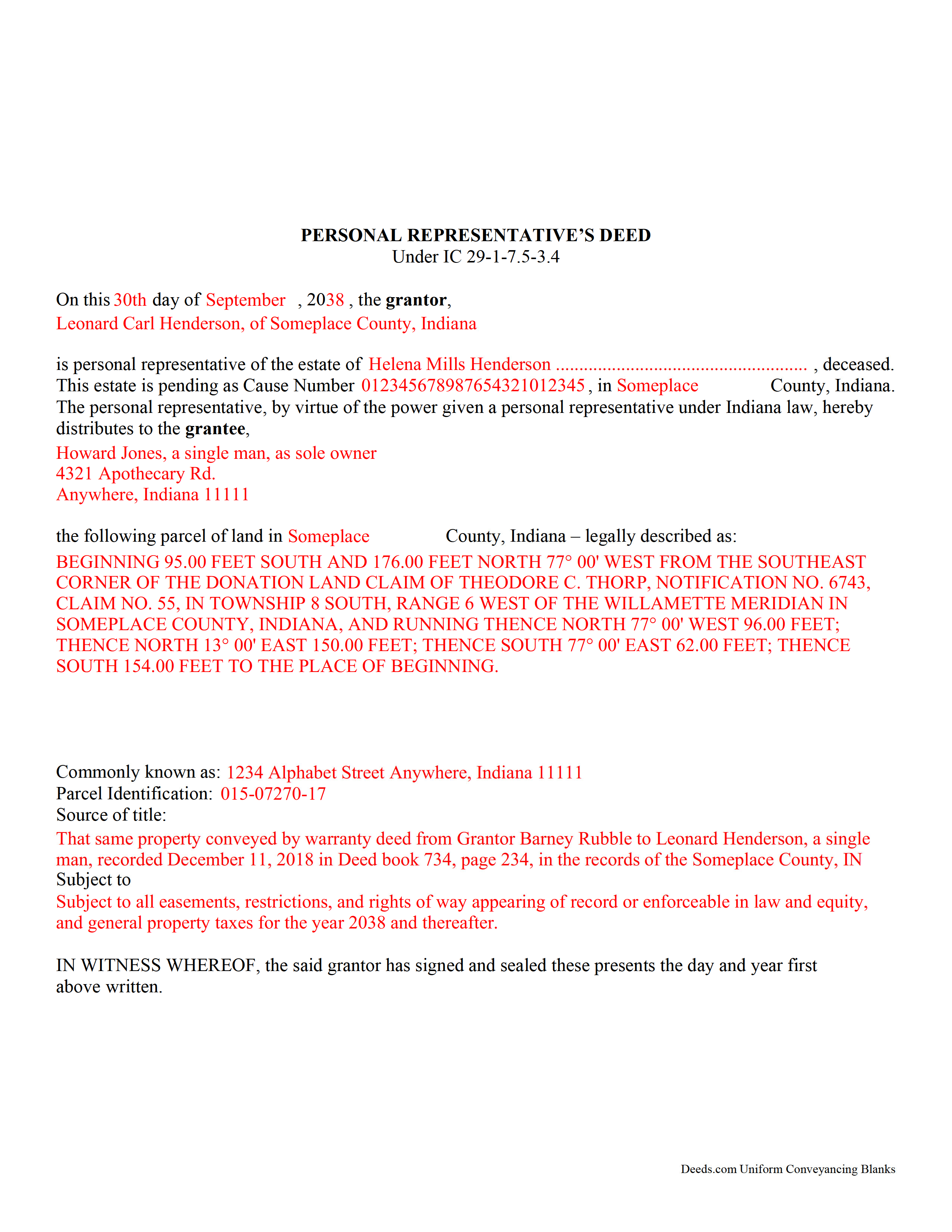 Marshall County Completed Example of the Personal Representative Deed Document