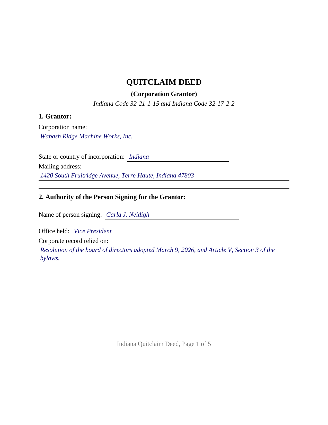 Montgomery County Completed Example of the Quitclaim Deed (Corporation Grantor) Document