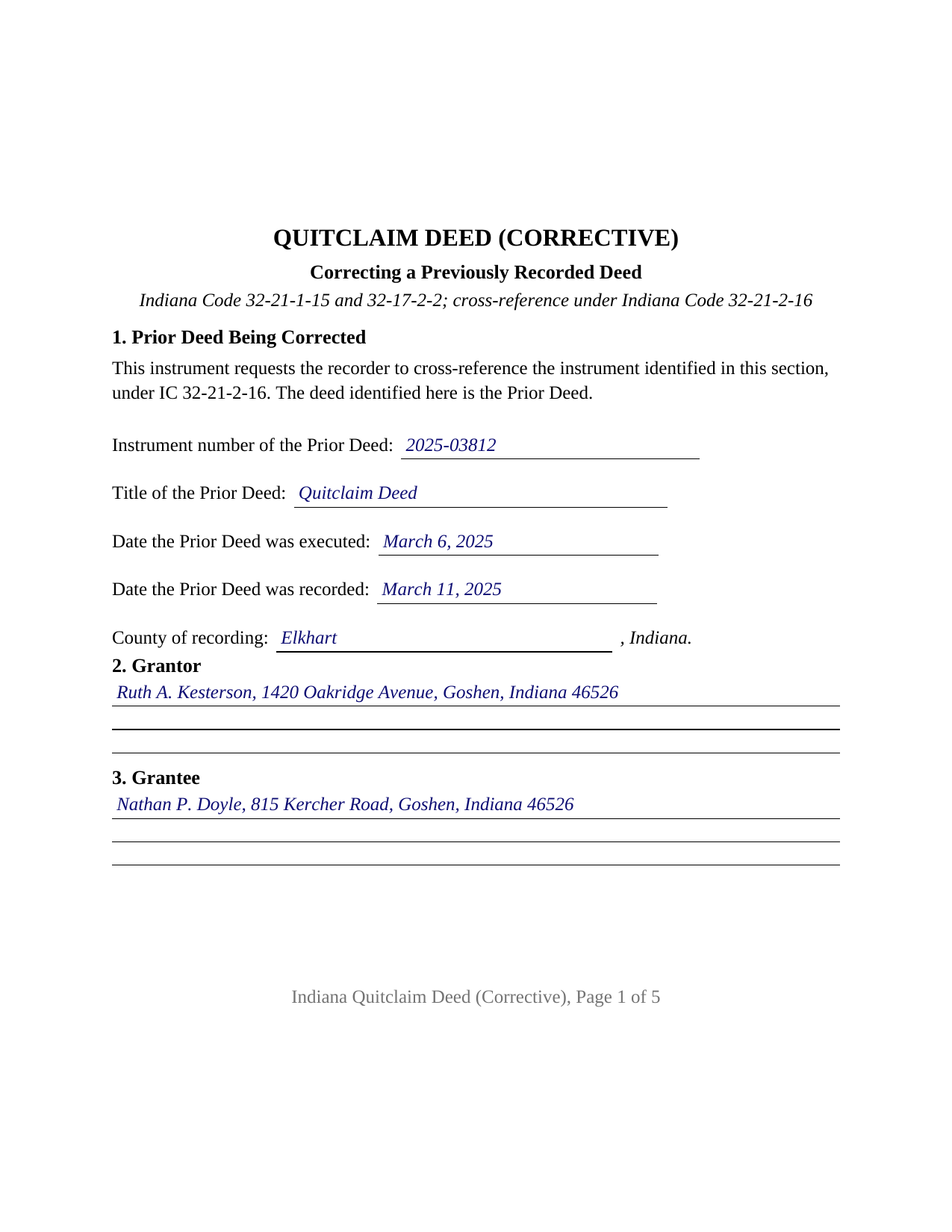 Martin County Completed Example of the Quitclaim Deed (Corrective) Document
