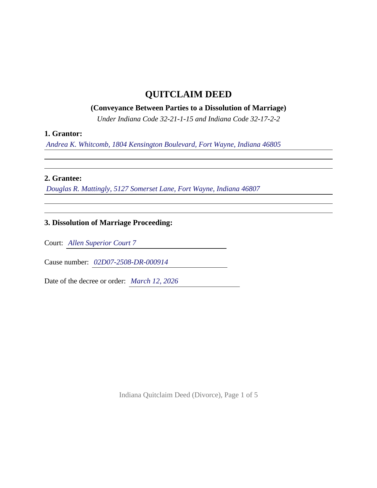 Posey County Completed Example of the Quitclaim Deed (Divorce) Document