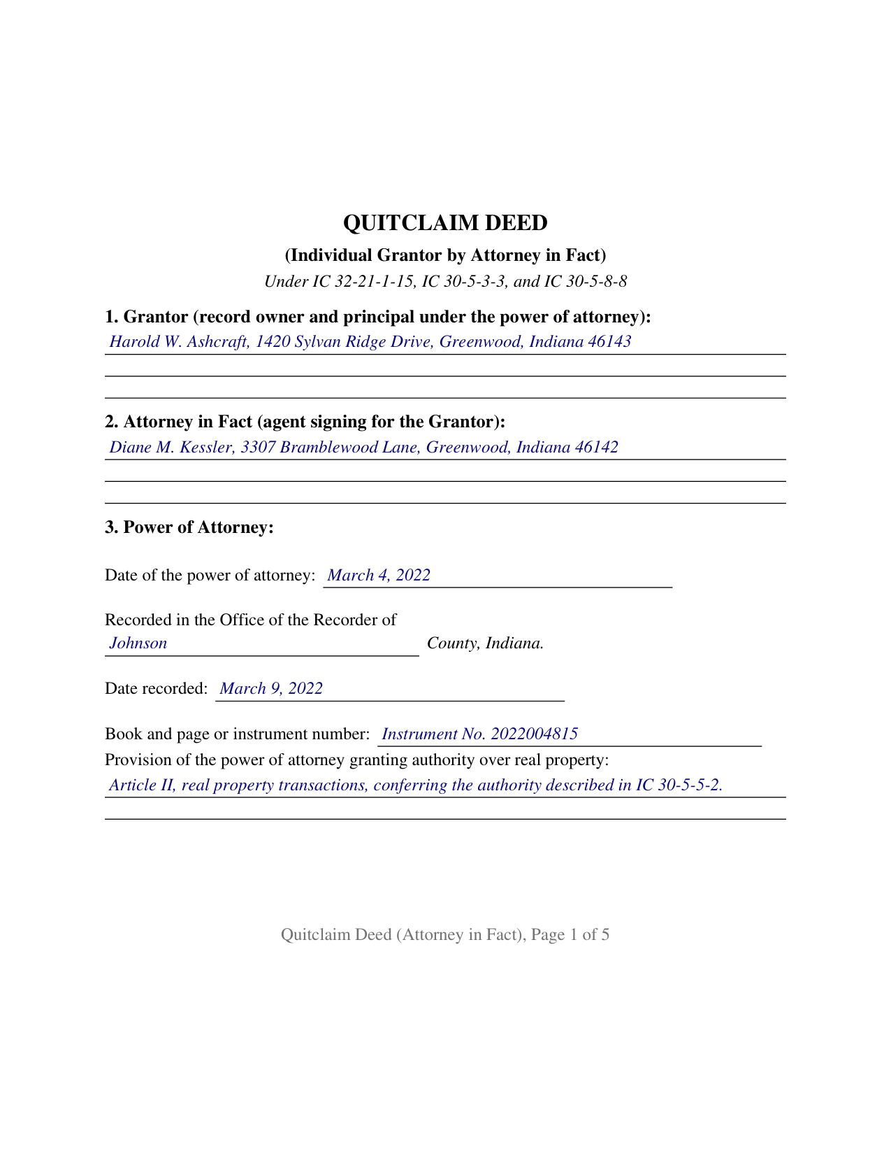 Scott County Completed Example of the Quitclaim Deed (Individual Grantor by Attorney in Fact) Document