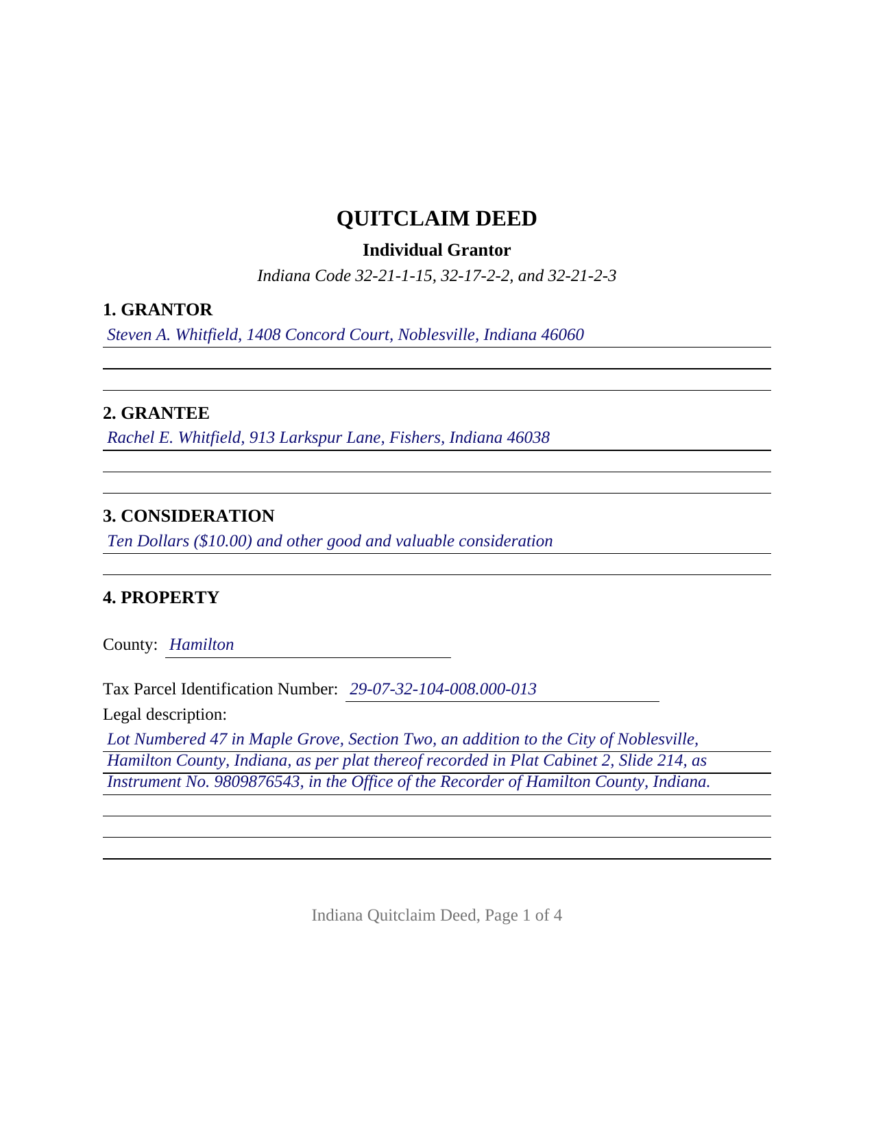 Montgomery County Completed Example of the Quitclaim Deed (Individual Grantor) Document