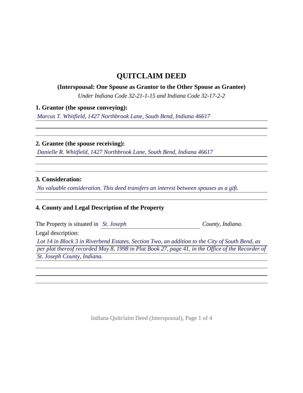 Madison County Completed Example of the Quitclaim Deed (Interspousal) Document
