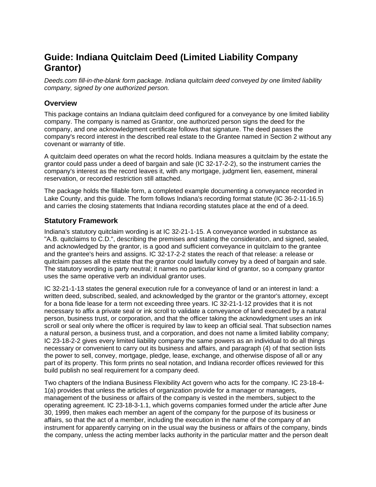 De Kalb County Quitclaim Deed (LLC Grantor) Guide