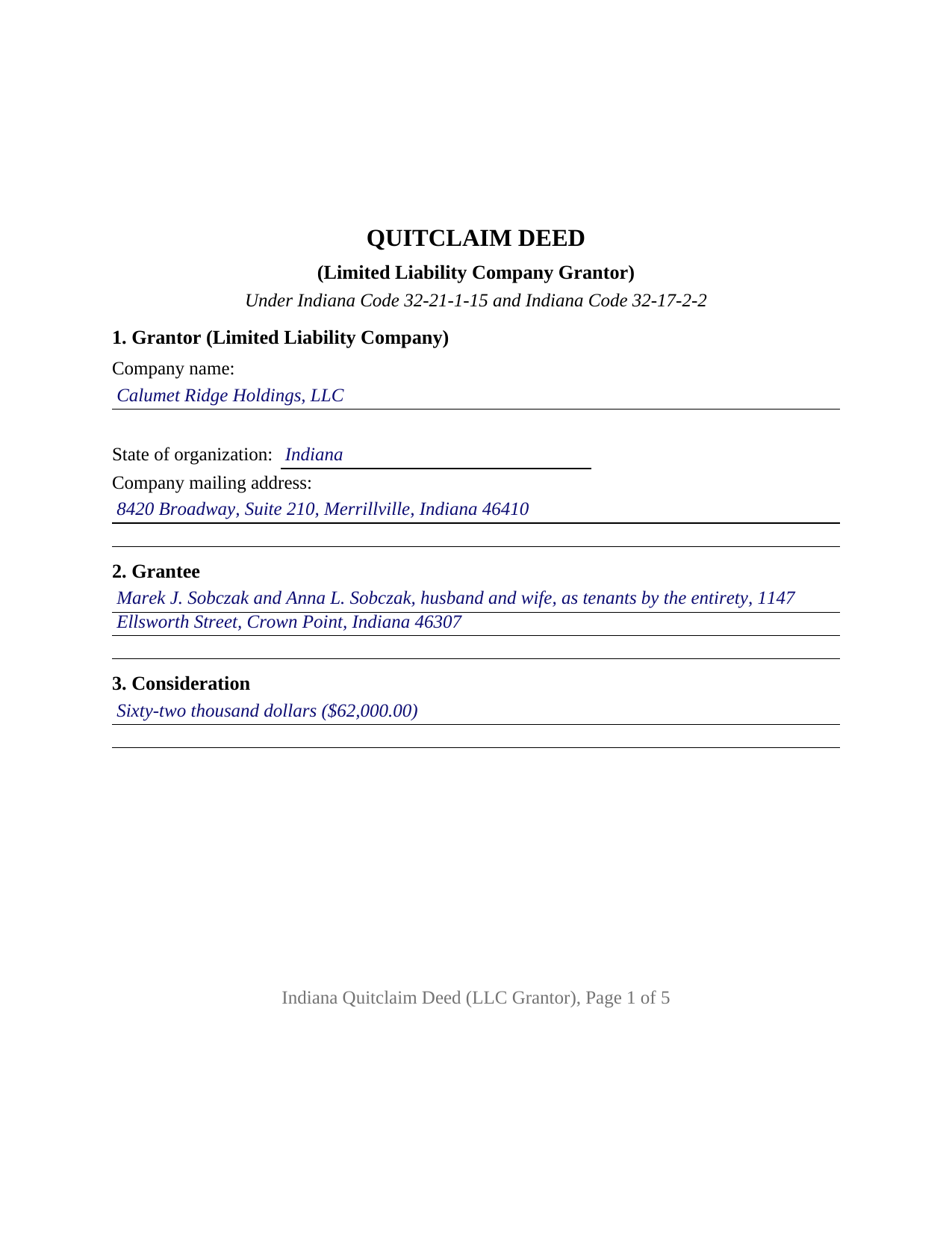 De Kalb County Completed Example of the Quitclaim Deed (LLC Grantor) Document